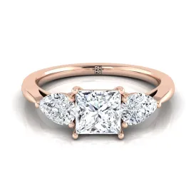 14K Rose Gold Princess Cut Diamond Perfectly Matched Pear Shaped Three Diamond Engagement Ring -7/8ctw