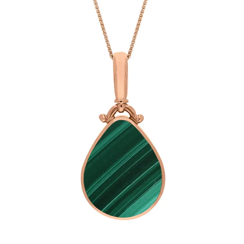 18ct Rose Gold Whitby Jet Malachite Double Sided Pear Fob Necklace