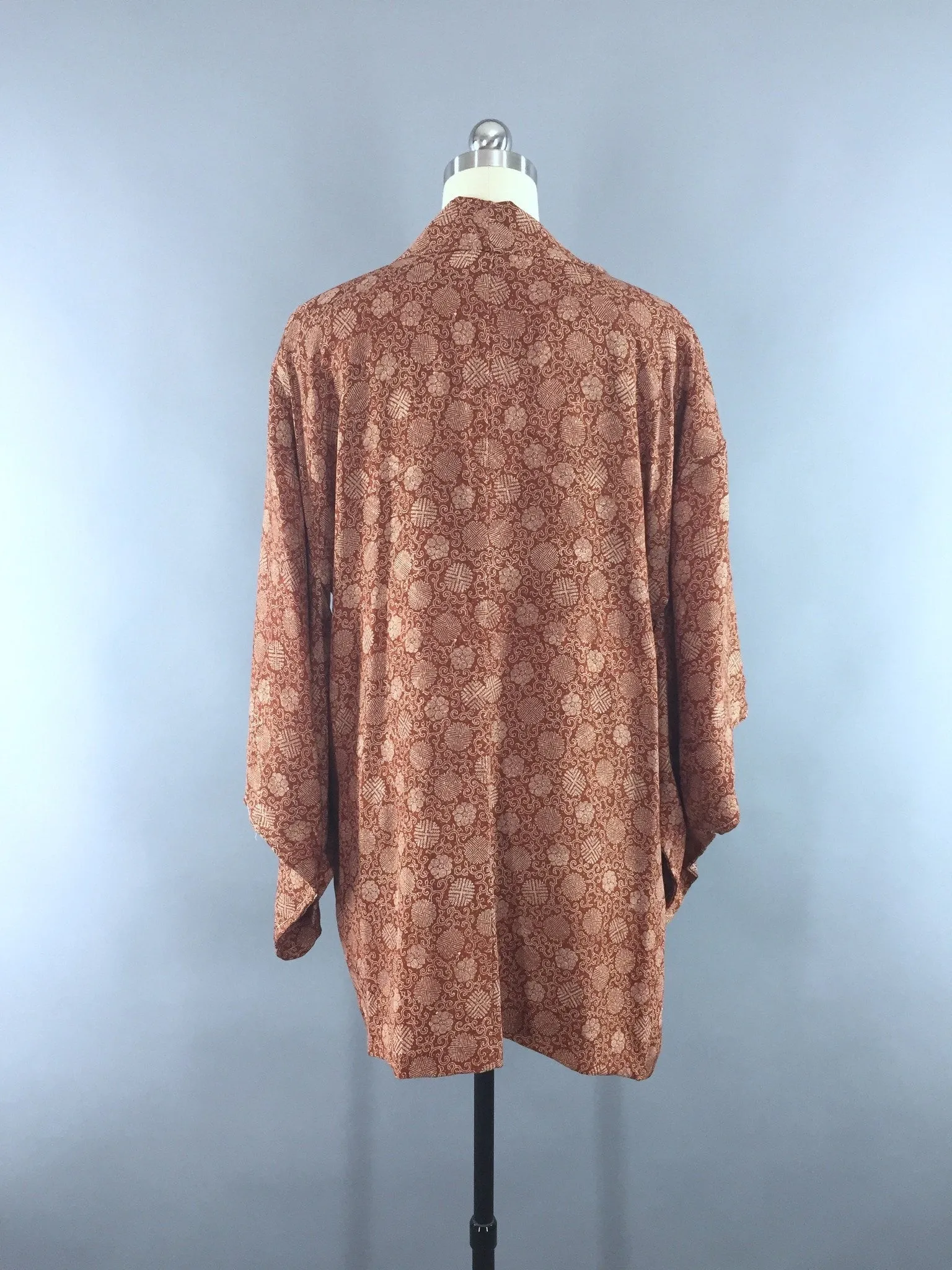 1950s Vintage Silk Kimono Jacket Cardigan with Brown Floral Print