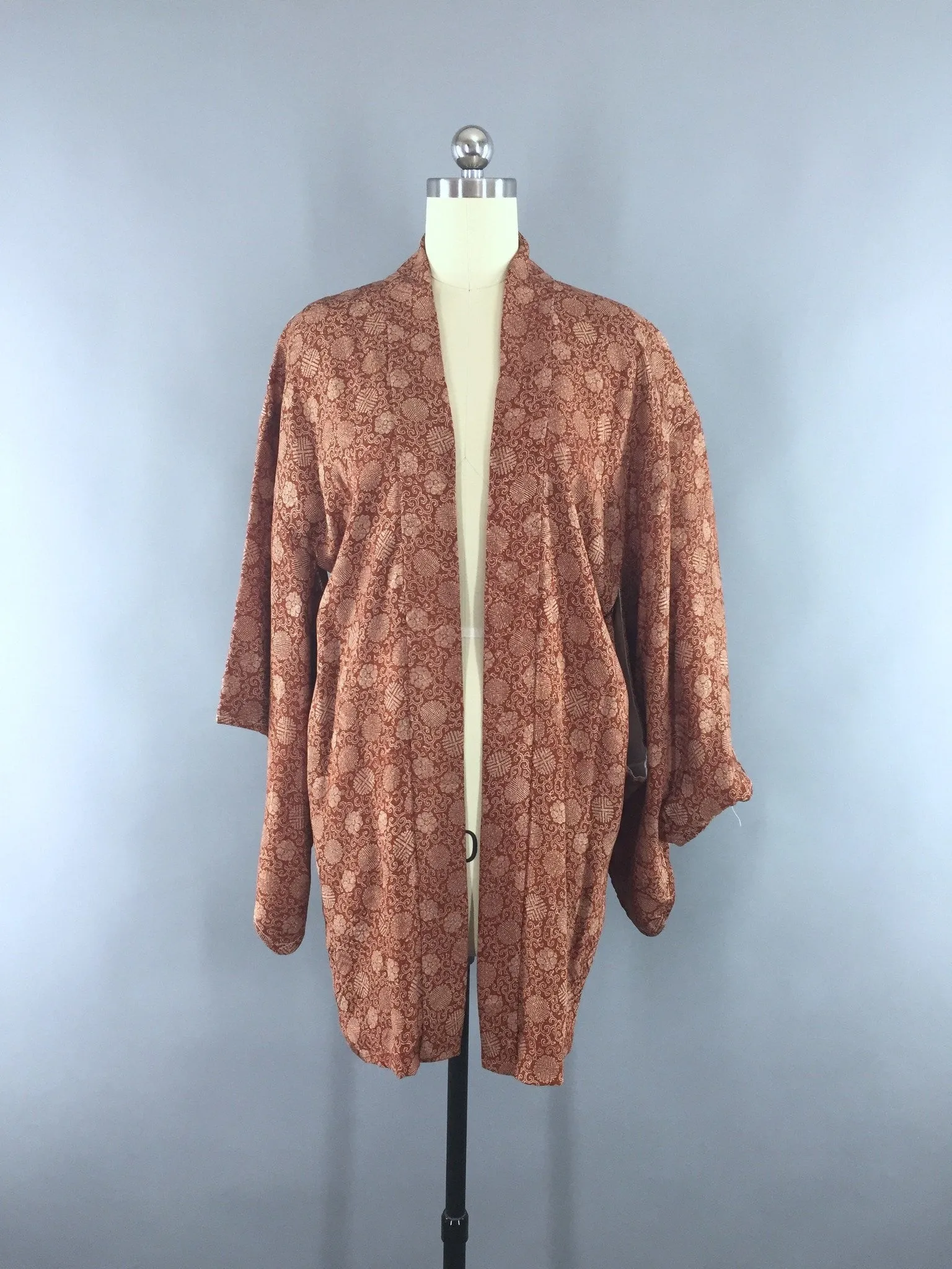 1950s Vintage Silk Kimono Jacket Cardigan with Brown Floral Print