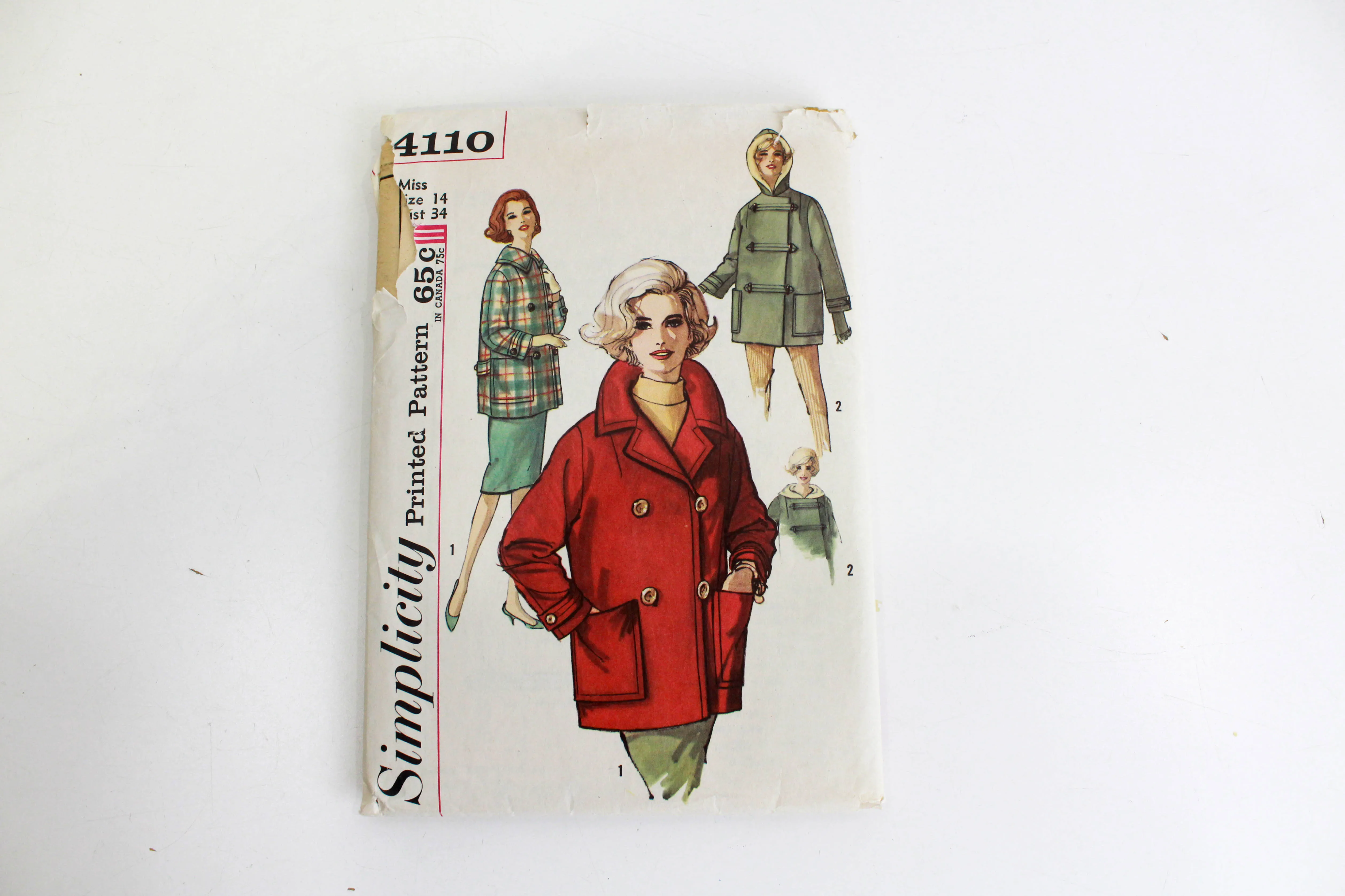 Simplicity 4110 Womens Coat Sewing Pattern from 1960s - Complete Set with Collar, Hood, Patch Pockets Features - Pre-cut by Manufacturer, Tailored for Bust Size 34