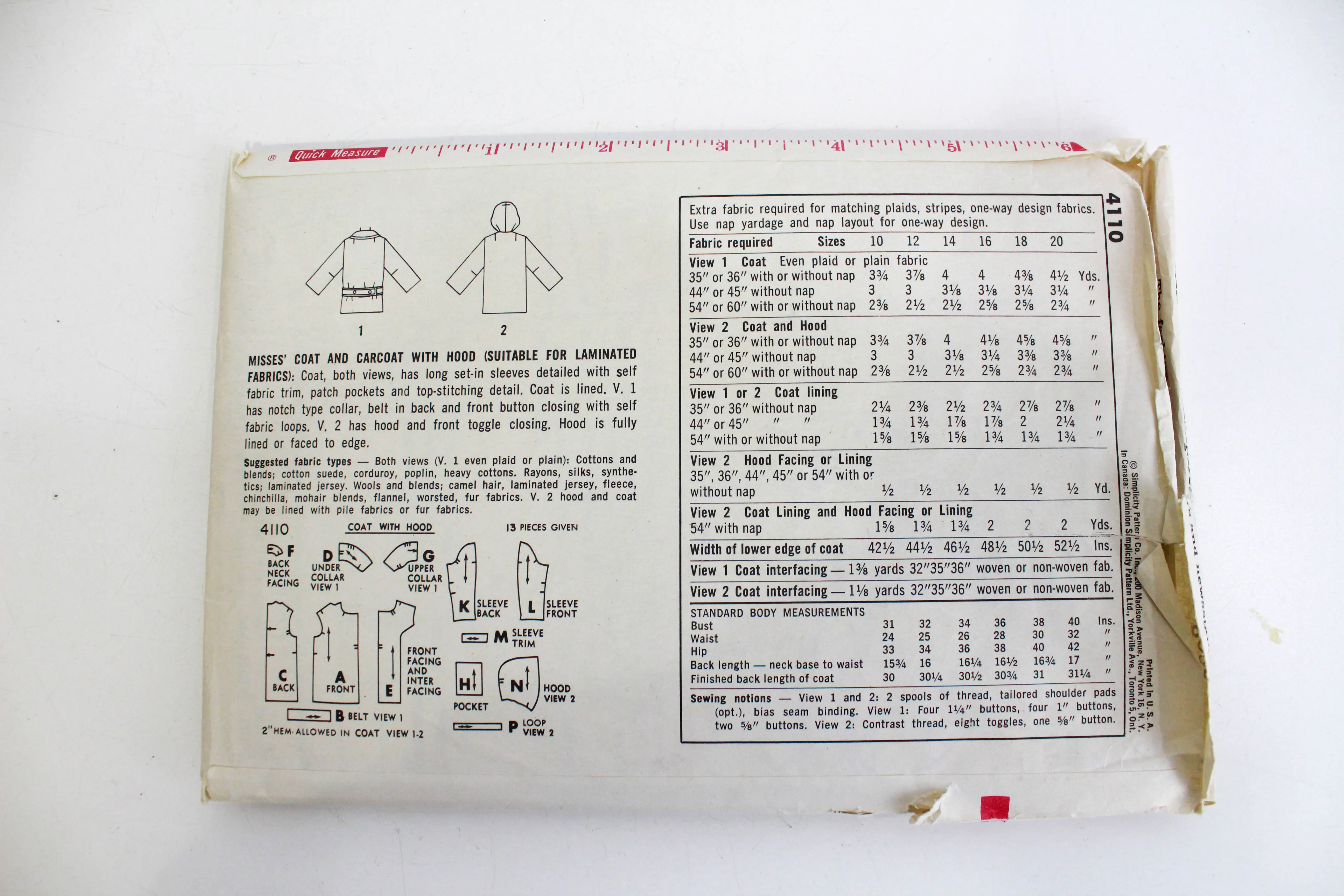 Simplicity 4110 Womens Coat Sewing Pattern from 1960s - Complete Set with Collar, Hood, Patch Pockets Features - Pre-cut by Manufacturer, Tailored for Bust Size 34