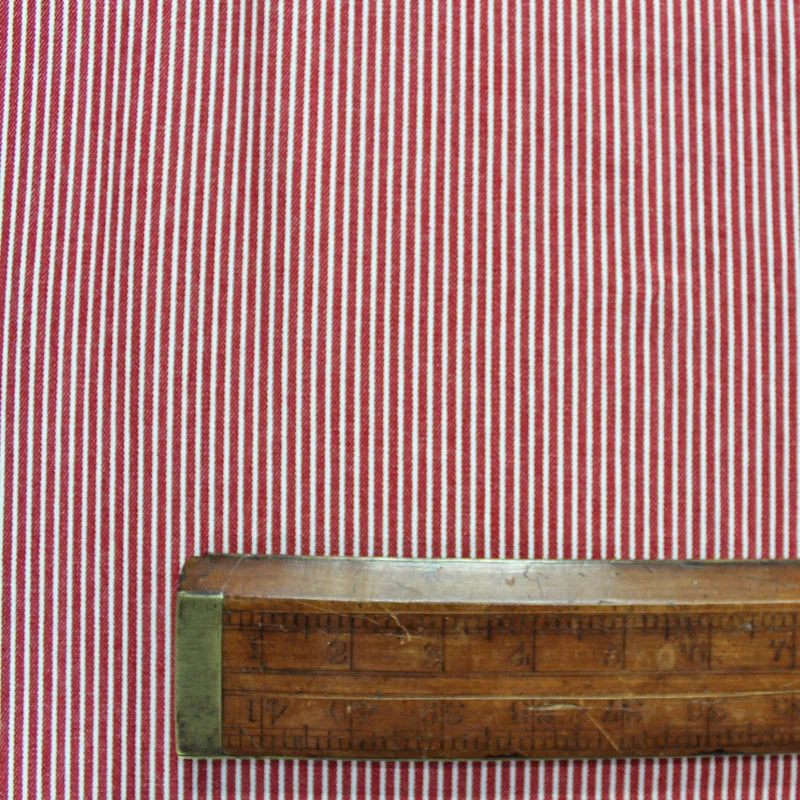 50CM REMNANT Dressmaking Cotton Denim Hickory Stripe - Red and White