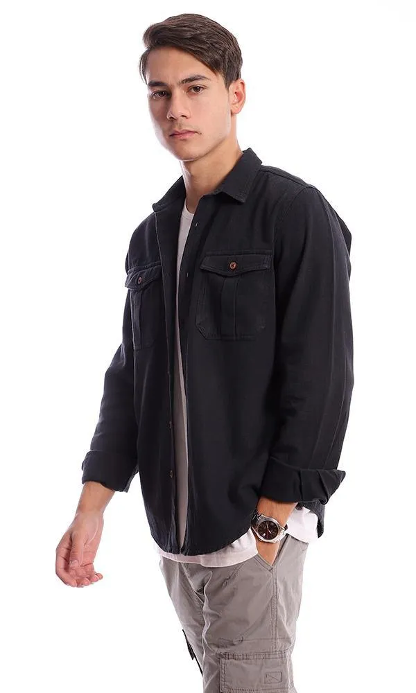 57851 Front Patched Buttoned Pockets Black Shirt