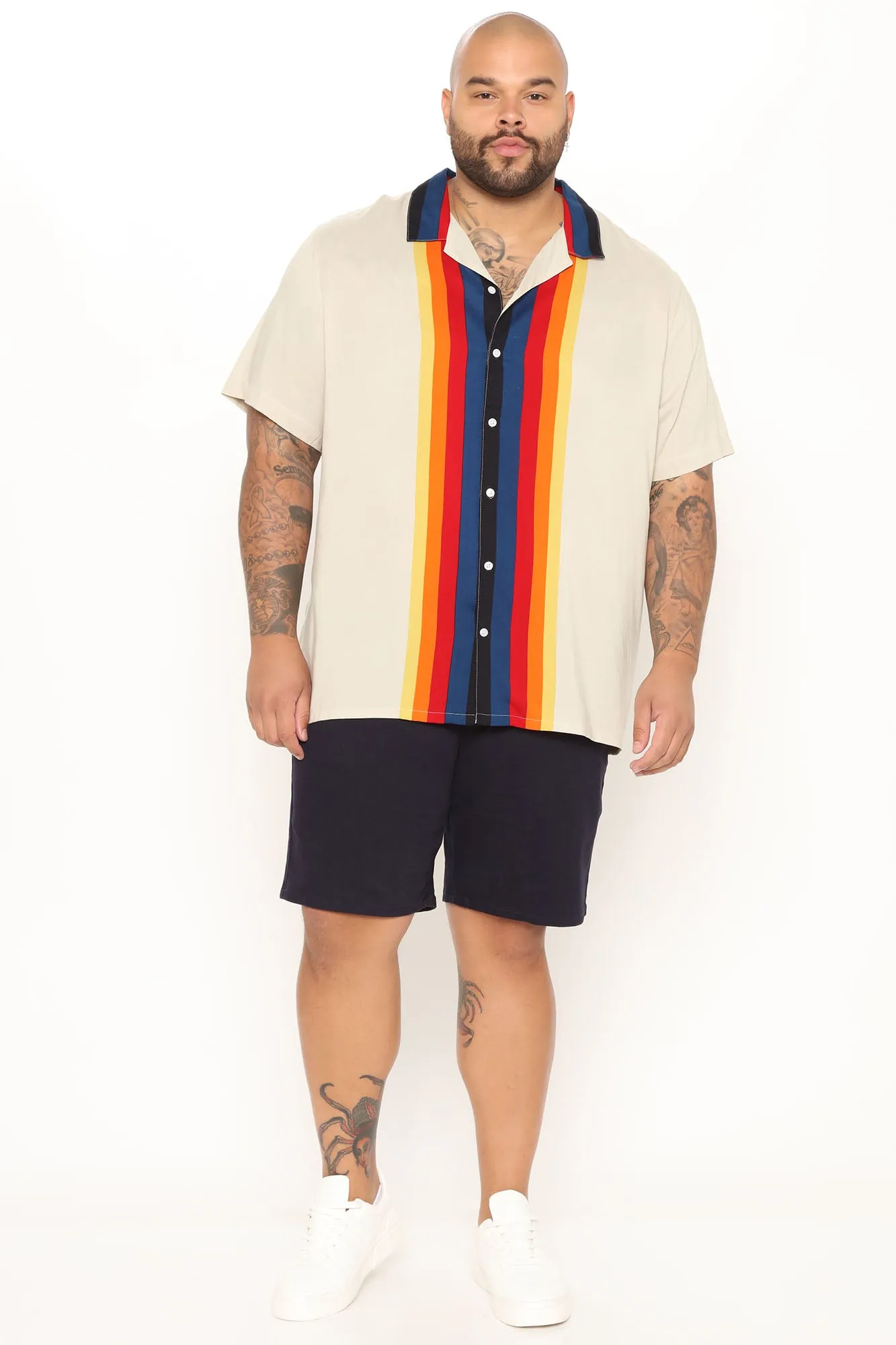 70s Vertical Striped Short Sleeve Woven Top - Multi Color