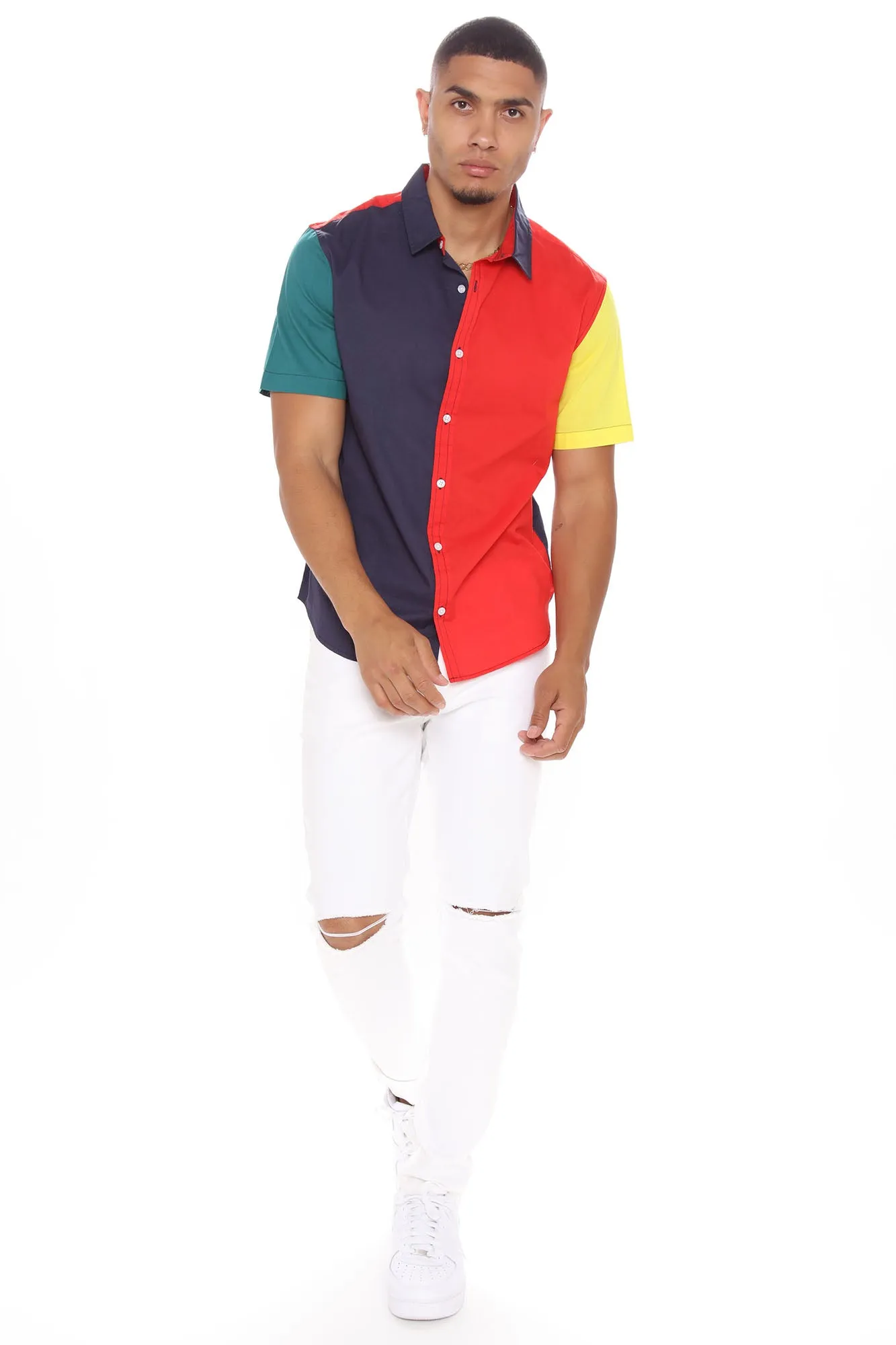 90s Colorblock Short Sleeve Woven Top - Red/combo