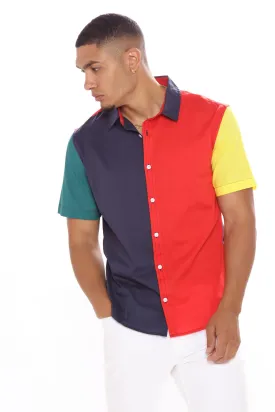 90s Colorblock Short Sleeve Woven Top - Red/combo