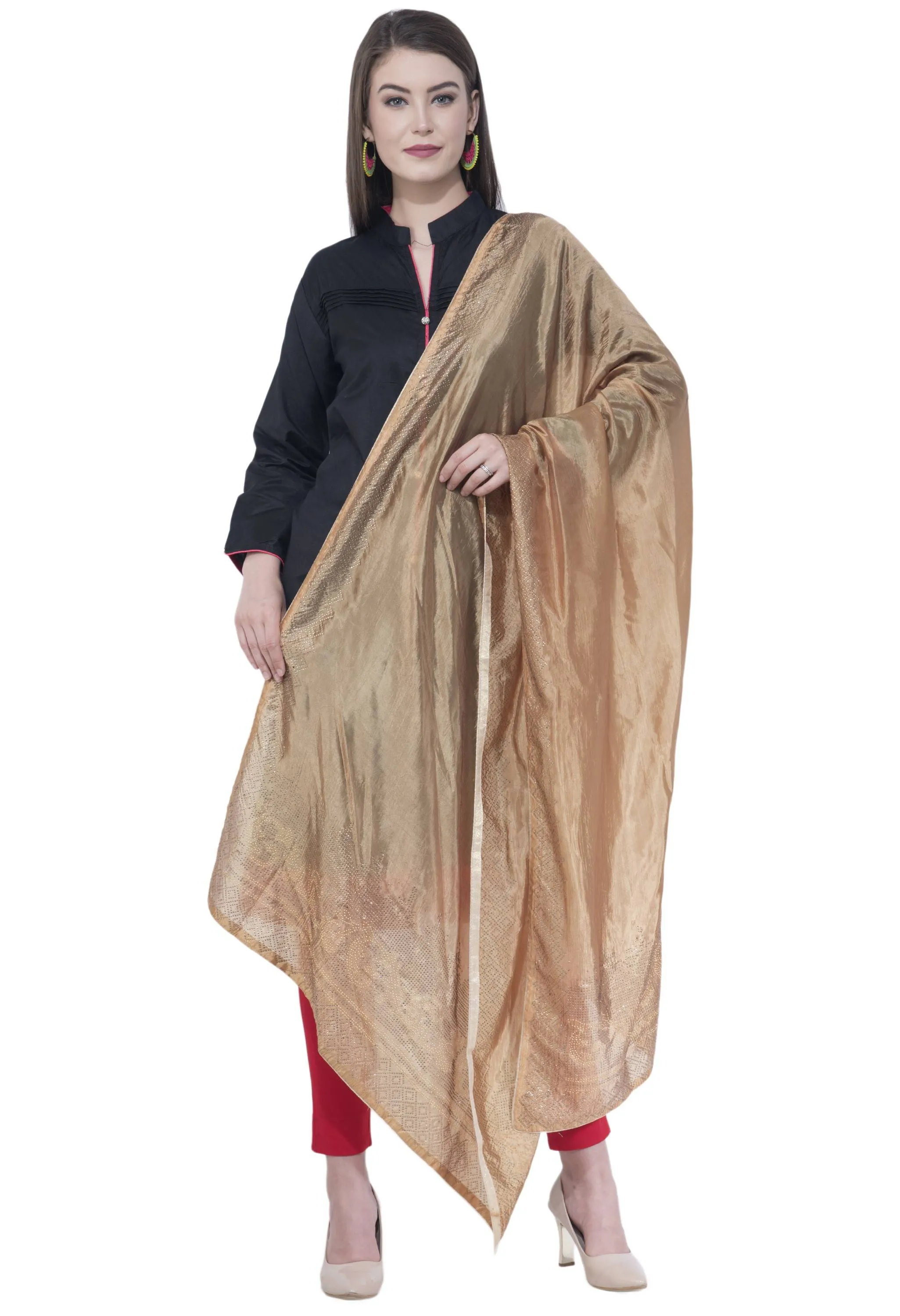 A R SILK Dark Golden Color Silk Siroski Dupattas and Chunnis