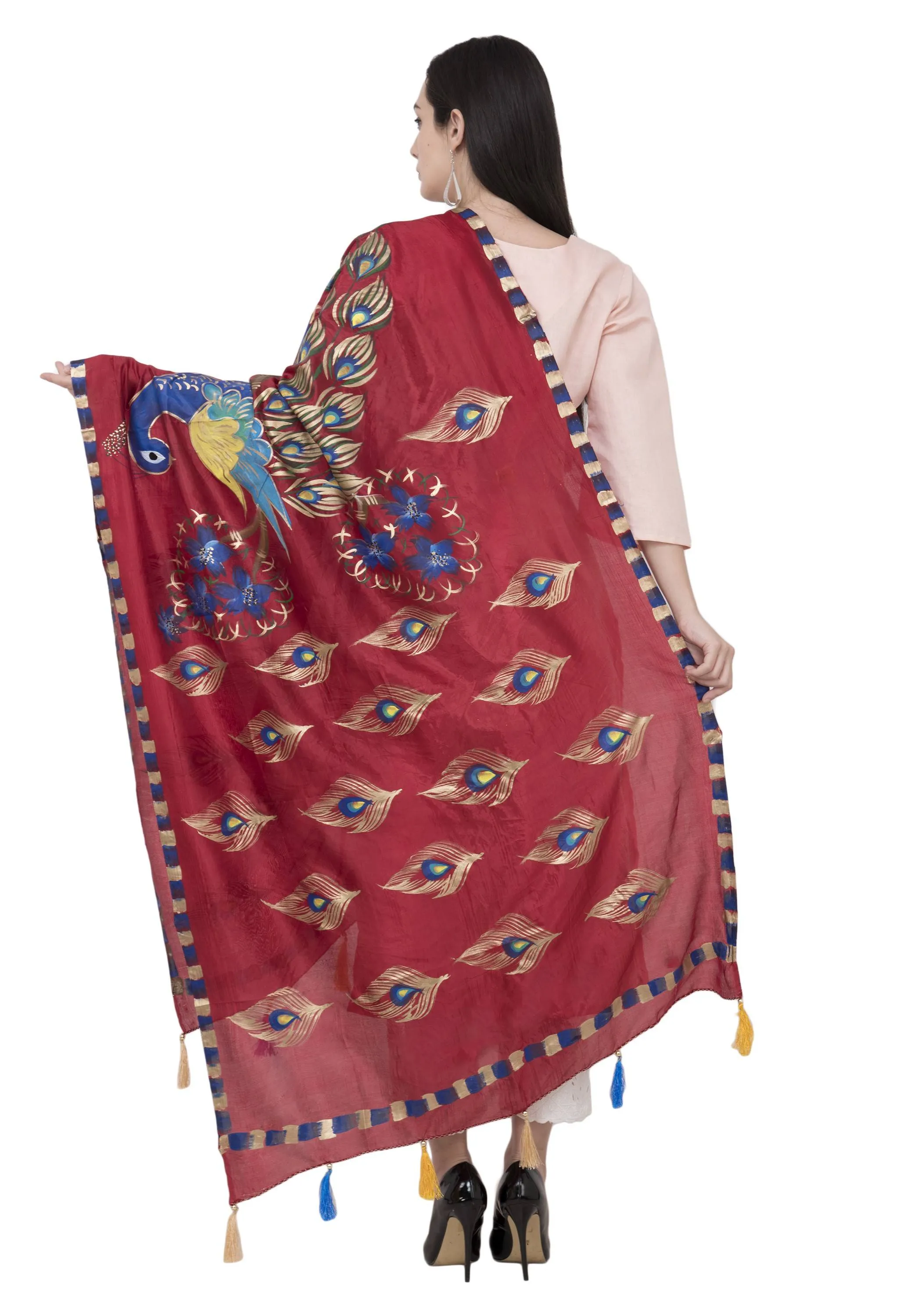 A R Silk Silk Peacock Multi Fancy Dupatta Color Mehroon Dupatta or Chunni