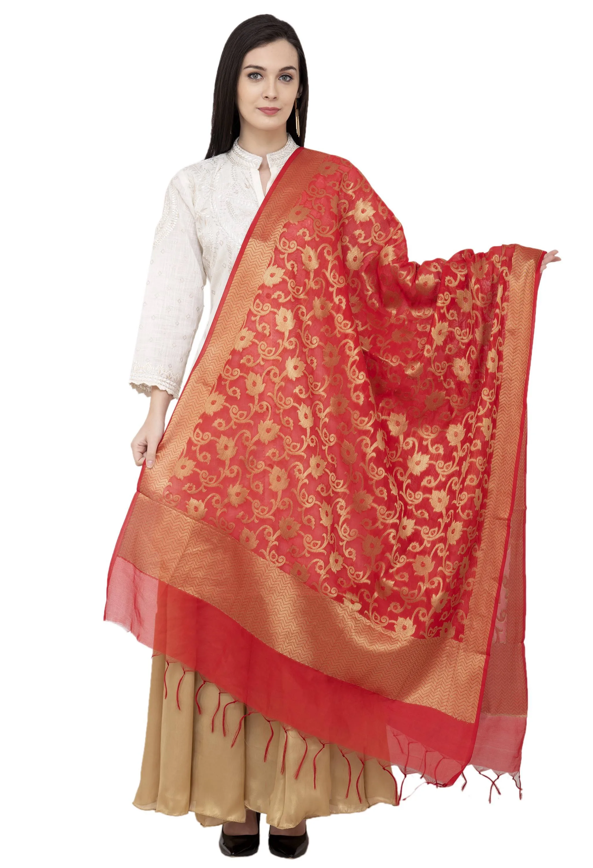 A R Silk VNS Jaal Fancy Dupatta Color Red Dupatta or Chunni