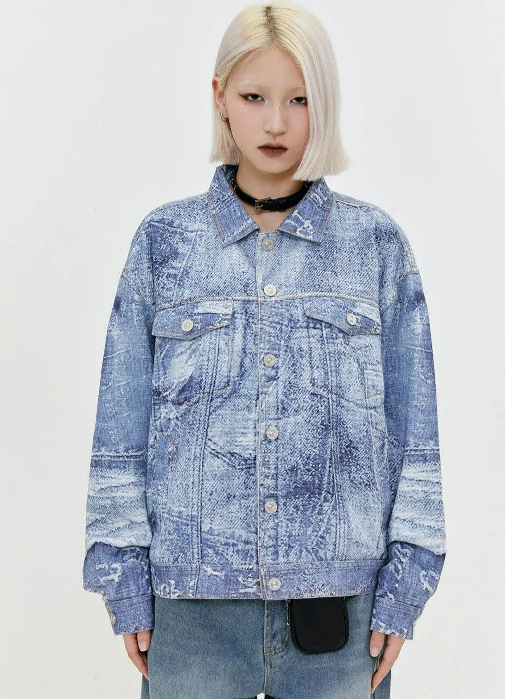 Abstract Digital Print Denim Jacket