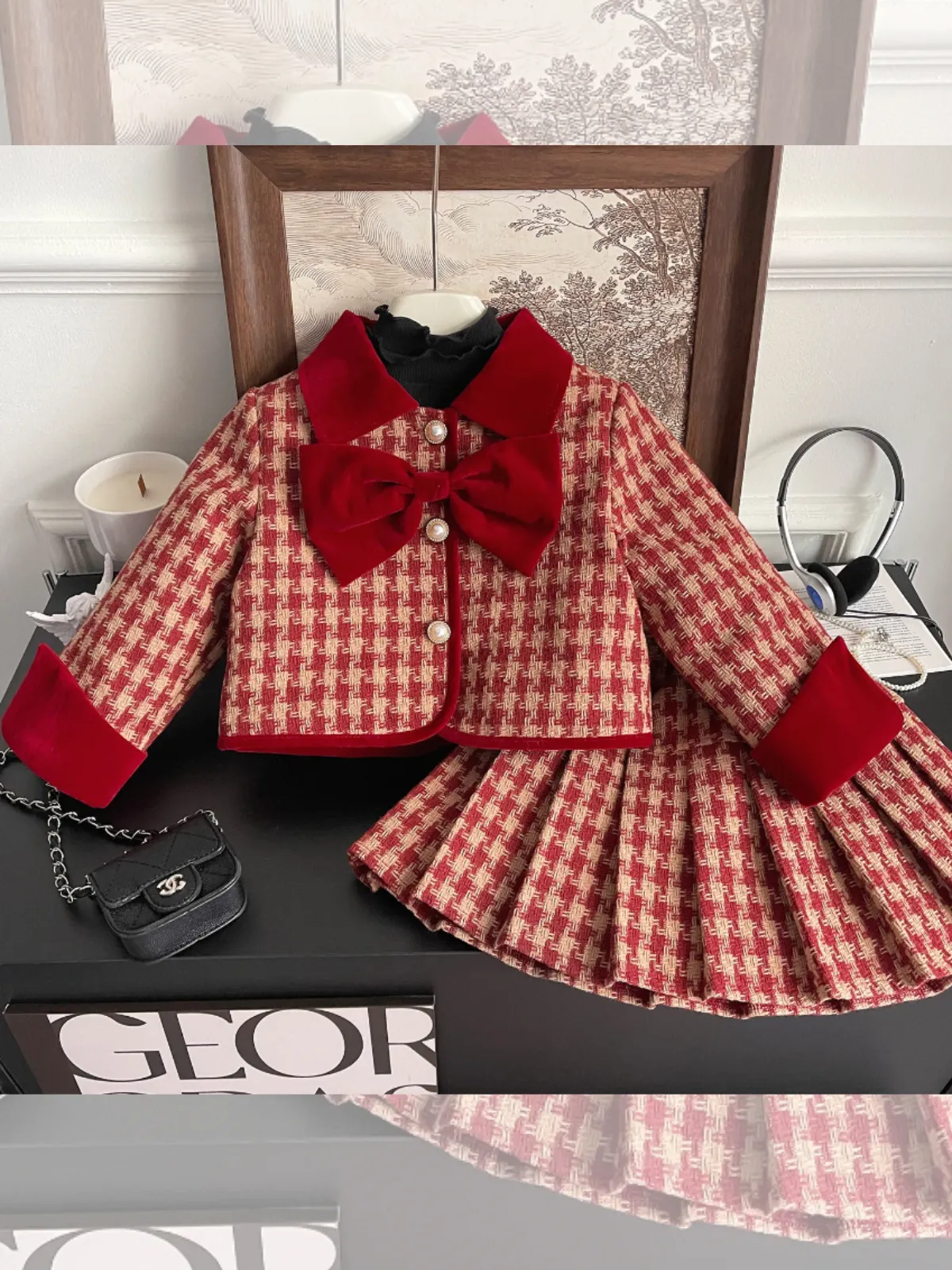 Adorable Red Velvet and Plaid Girls' Skirt and Jacket Set with Pearl Buttons