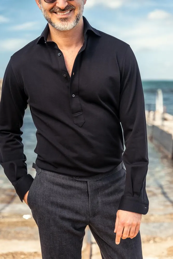 Alessio Long Sleeve Polo Top - Black Cotton Pique