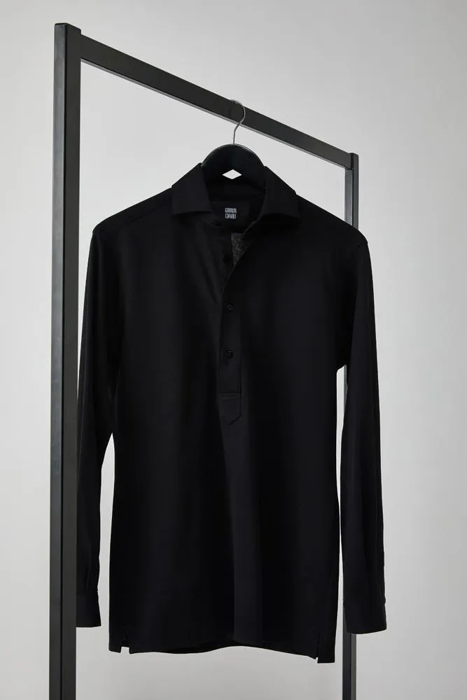 Alessio Long Sleeve Polo Top - Black Cotton Pique