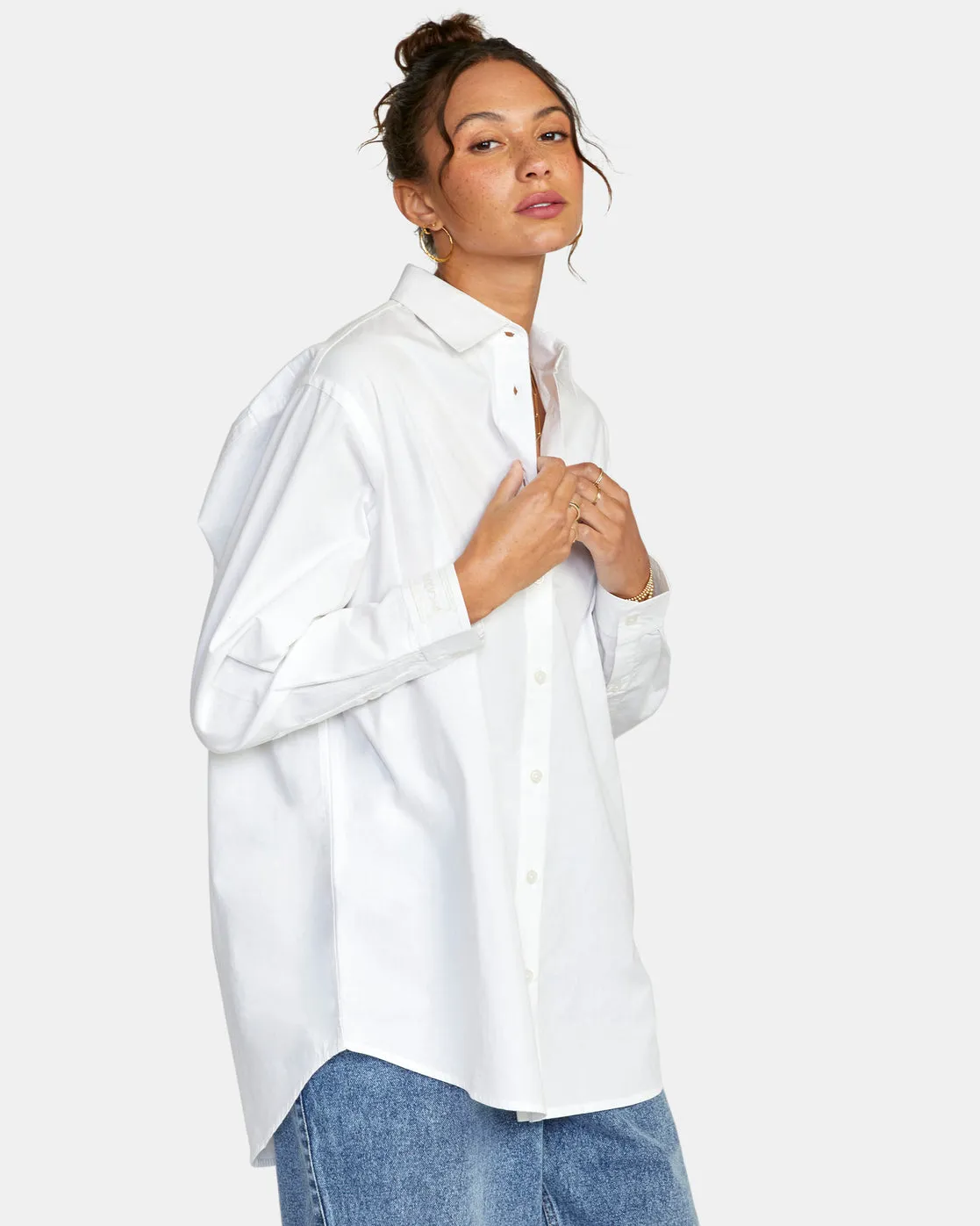 Angeles Long Sleeve Button-Up Top - Whisper White