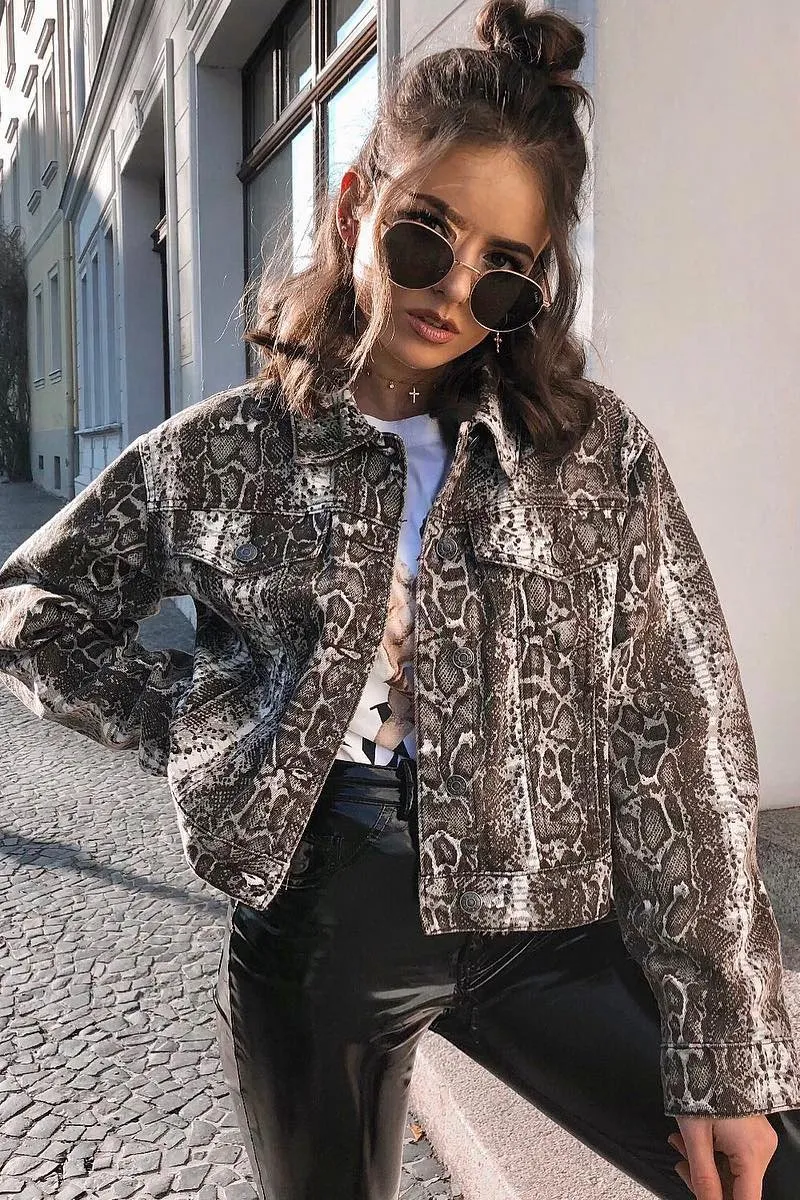 Beige Snake Print Crop Denim Jacket - Bernice