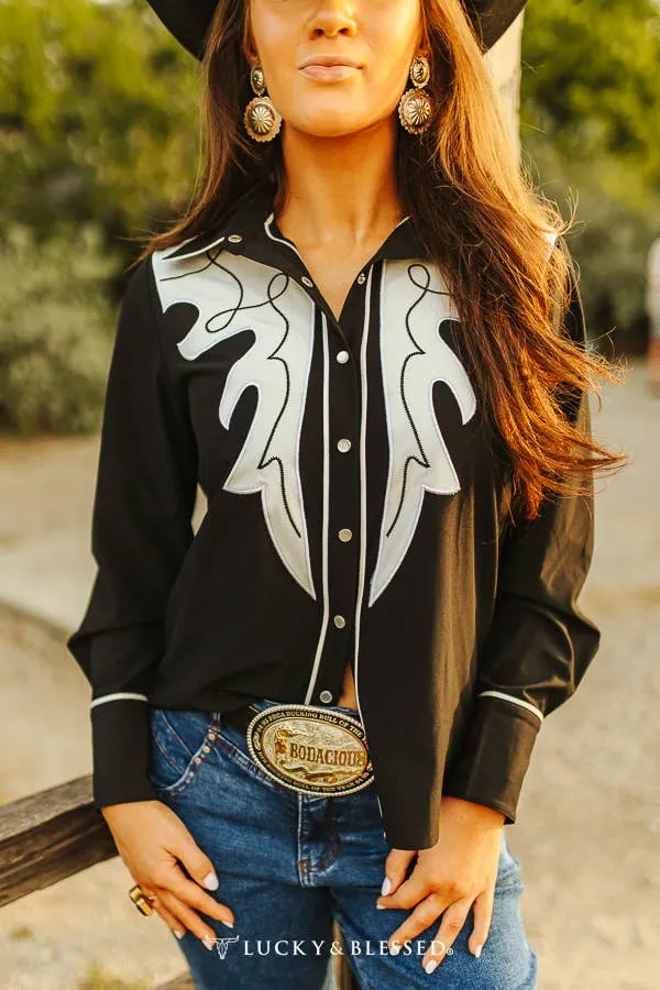 Black Button Down Shirt with White Embroidery Yoke