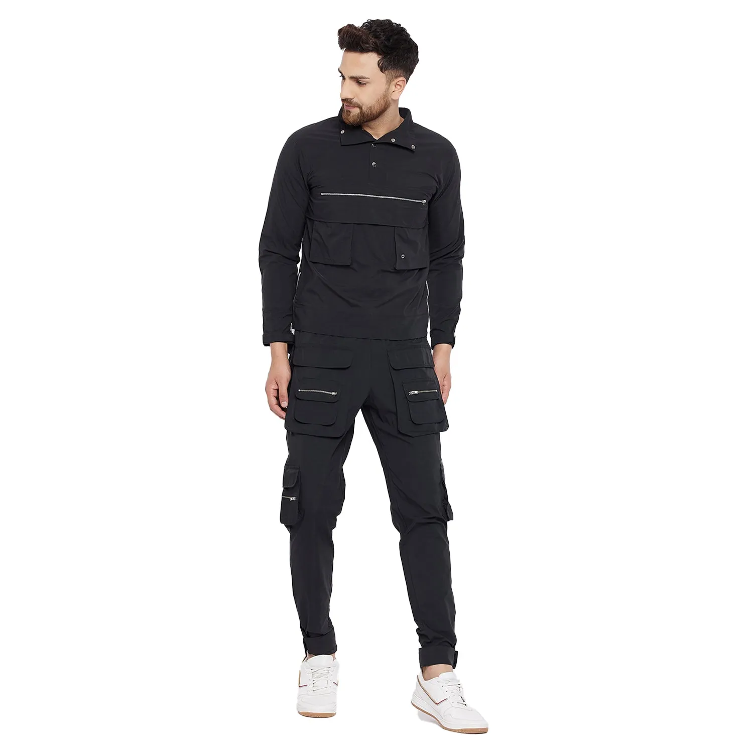 Black Nylon Cargo Wind Cheater Jacket