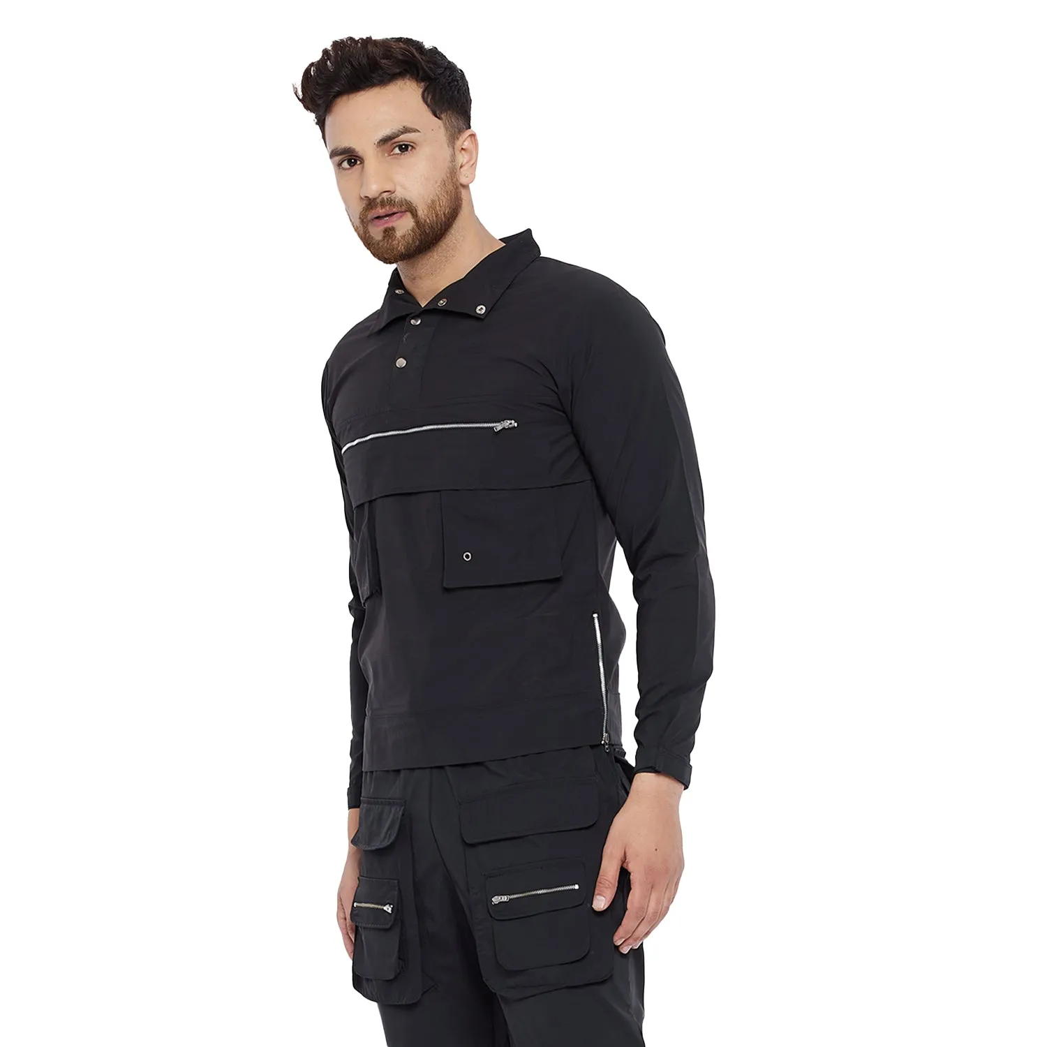 Black Nylon Cargo Wind Cheater Jacket