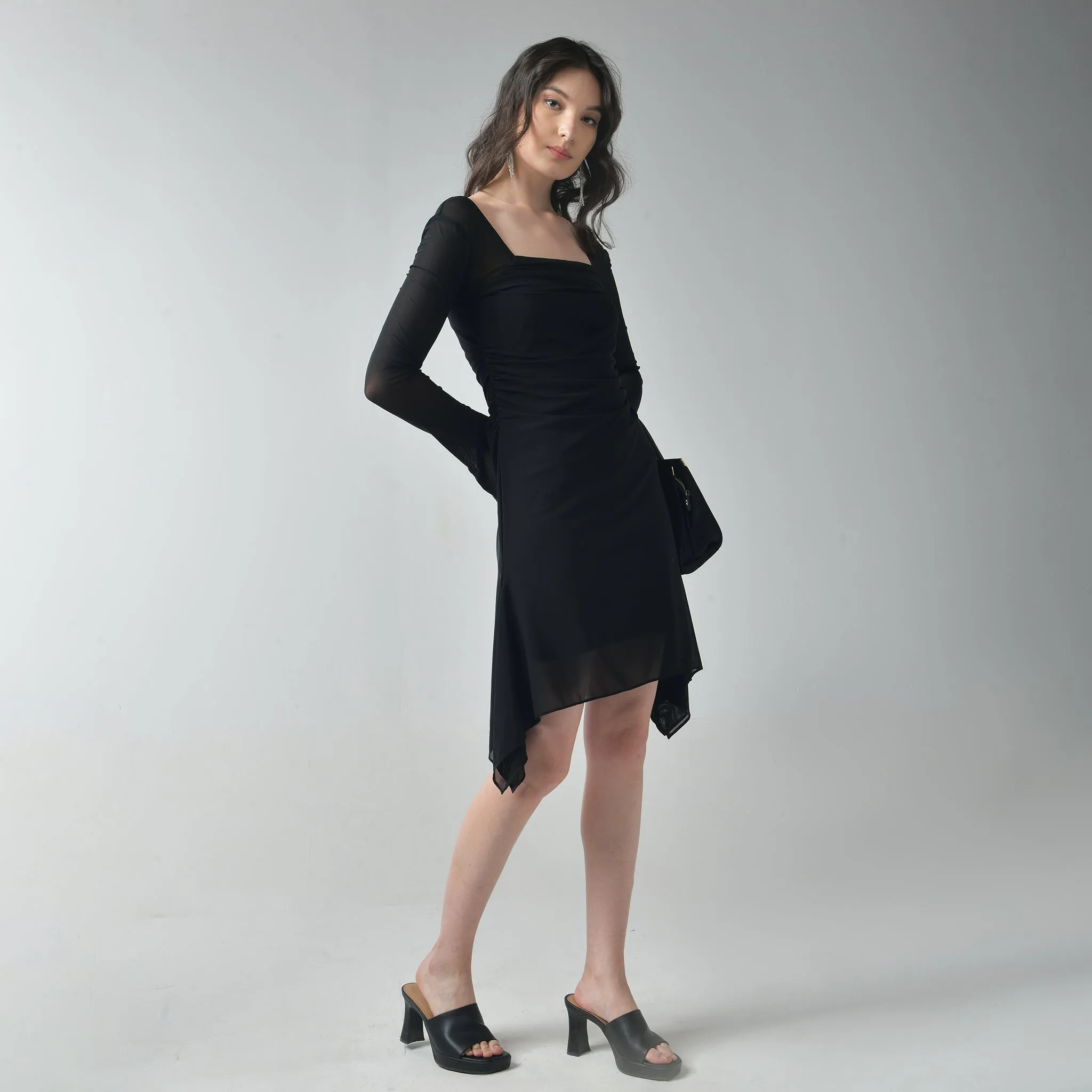 Black Square Neck Mesh Dress