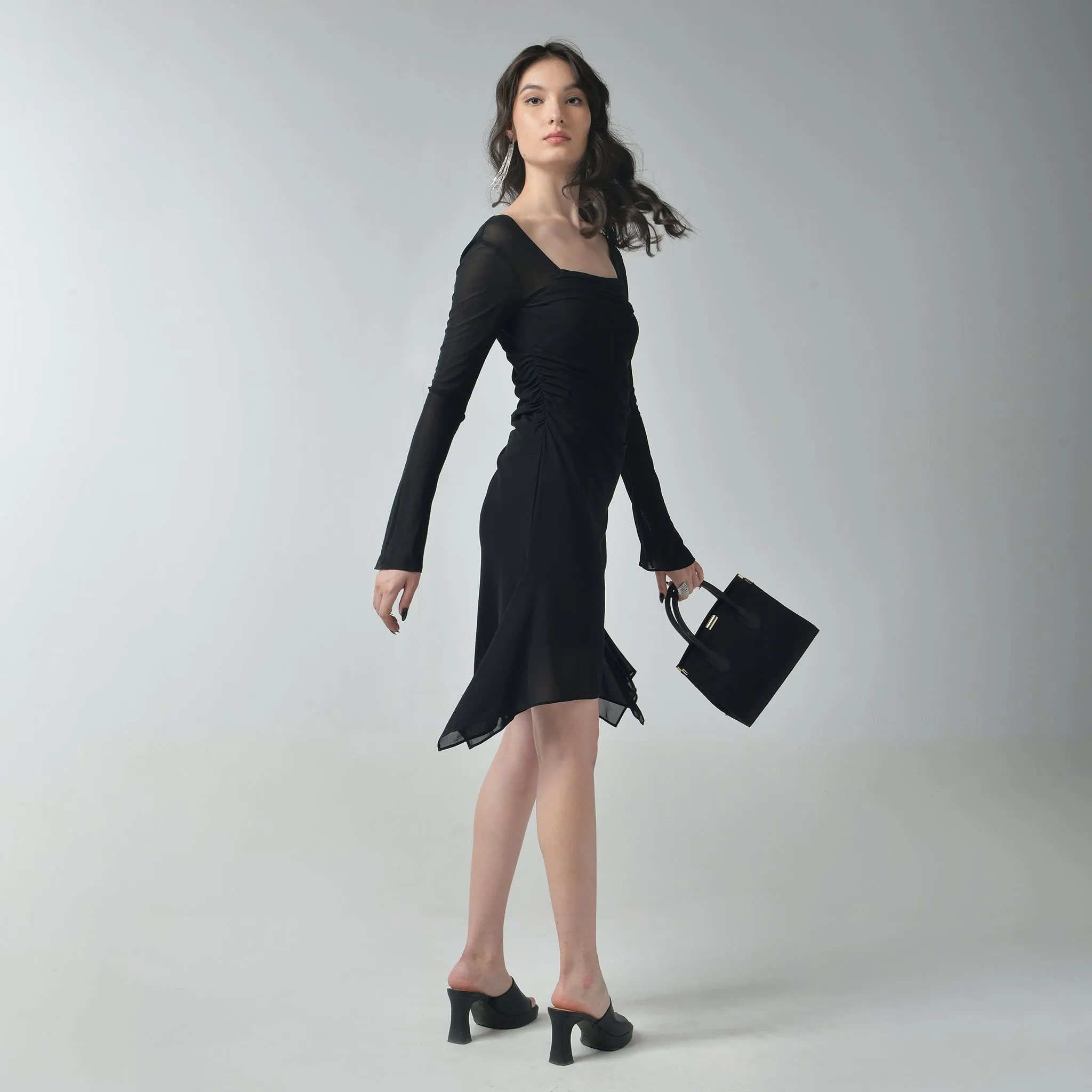 Black Square Neck Mesh Dress