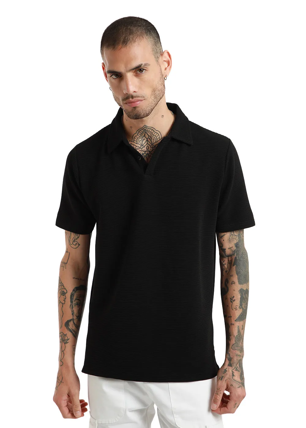 Black Textured Polo Tshirt