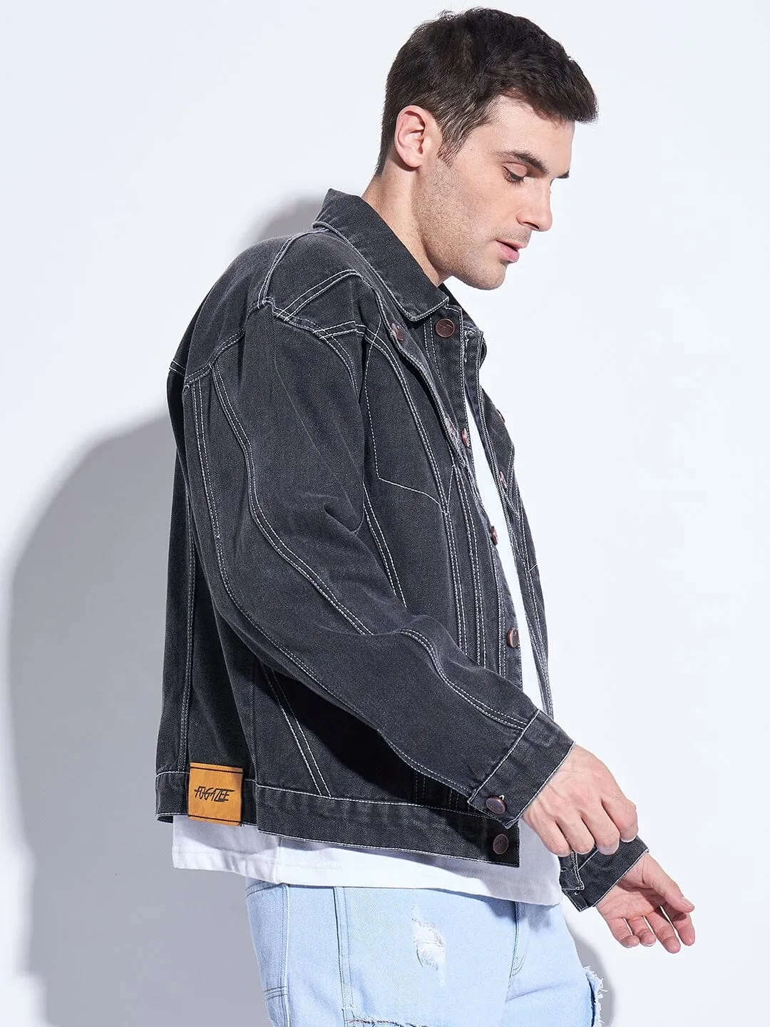 Black Wavy Panel Denim Jacket