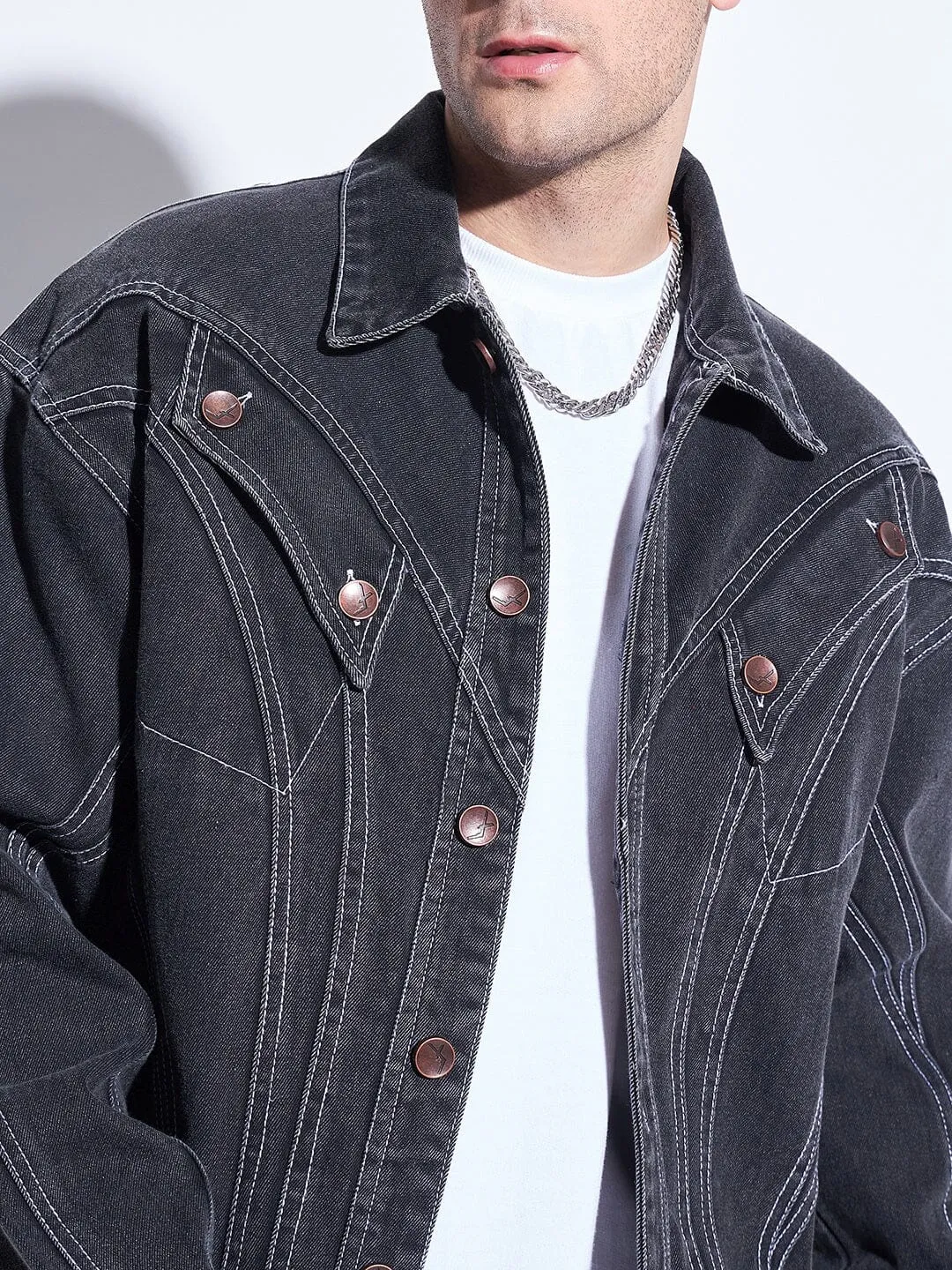 Black Wavy Panel Denim Jacket