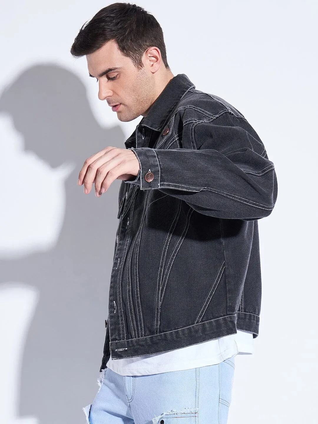 Black Wavy Panel Denim Jacket