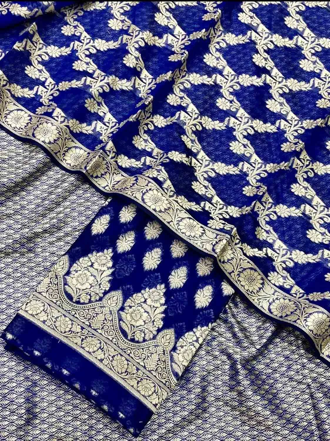 Blue Banarasi Cotton Three Piece Unstitched Suit Set