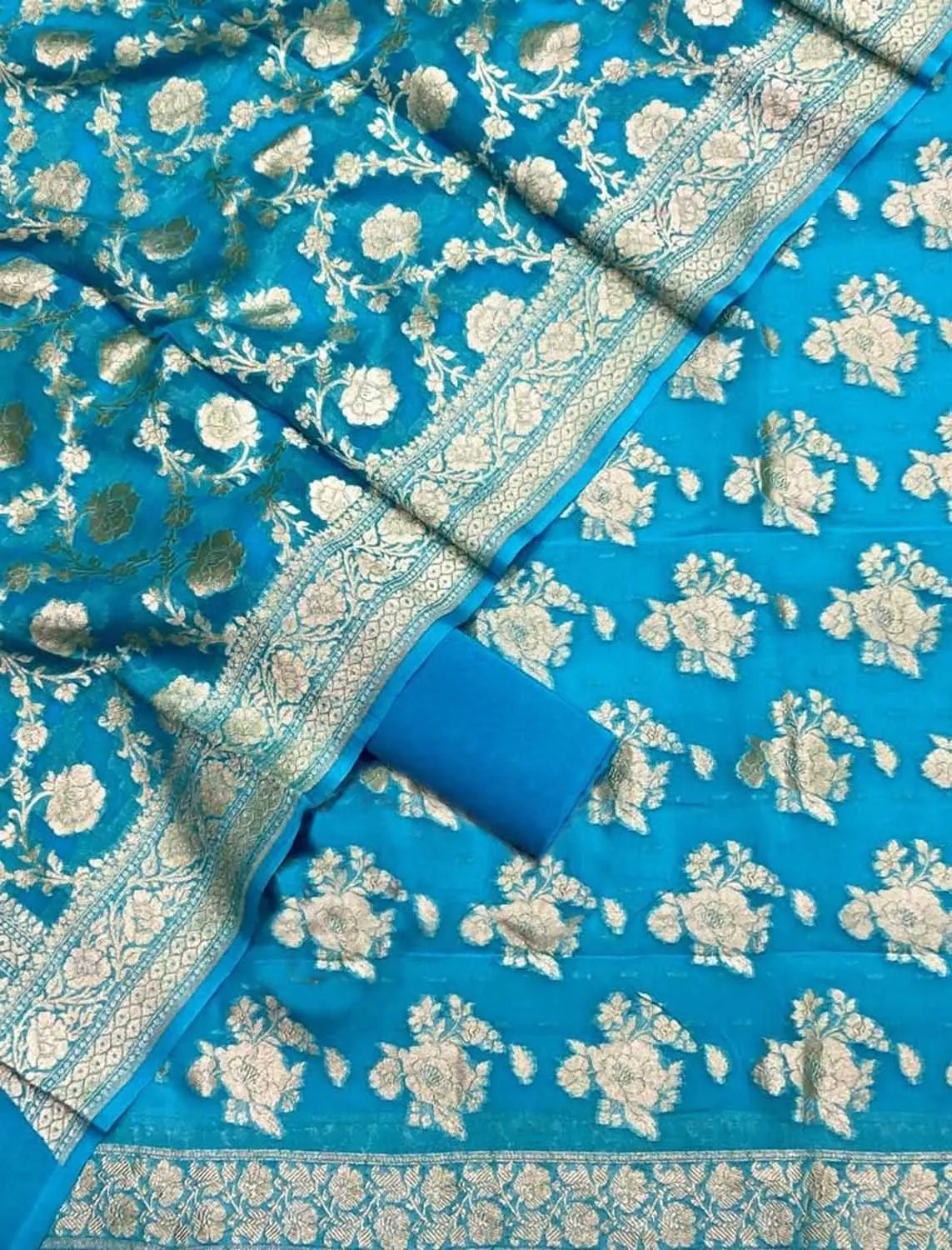 Blue Banarasi Georgette Three Piece Unstitched Suit Set