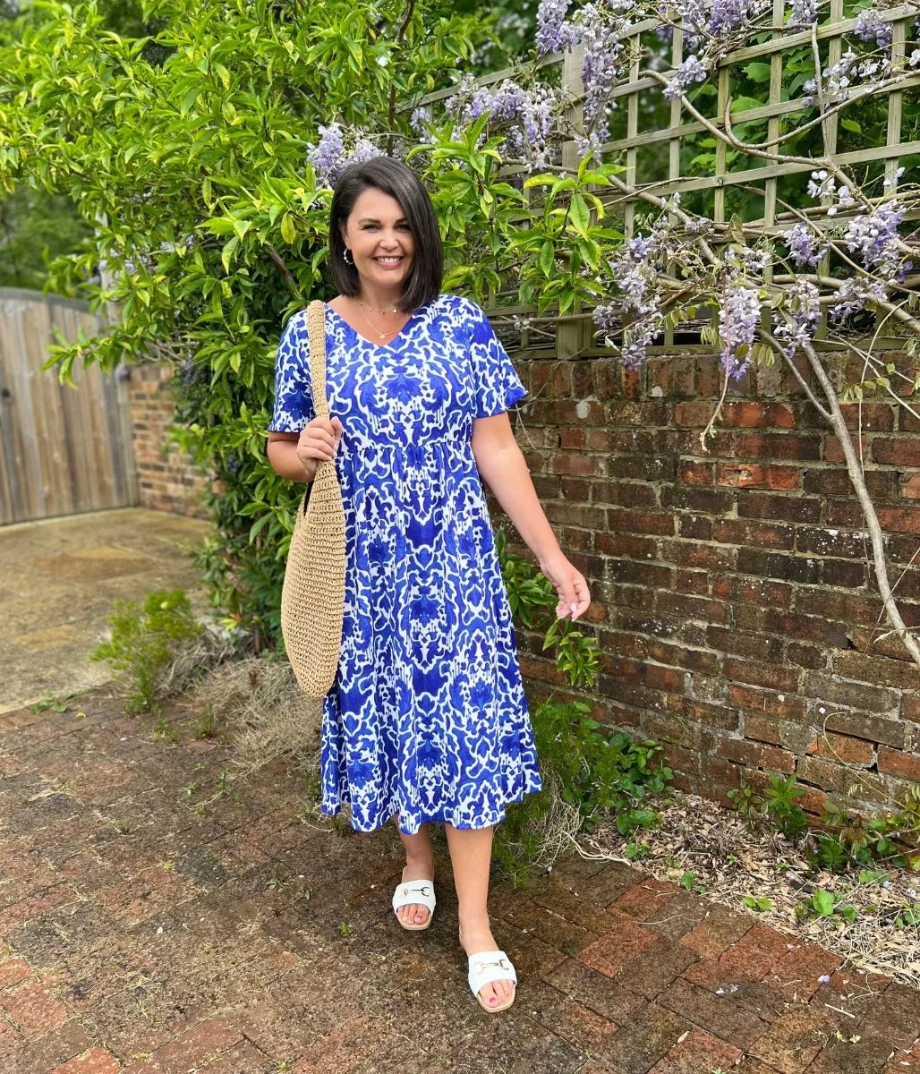 Blue Ikat Baroque Print Floral Midi Dress