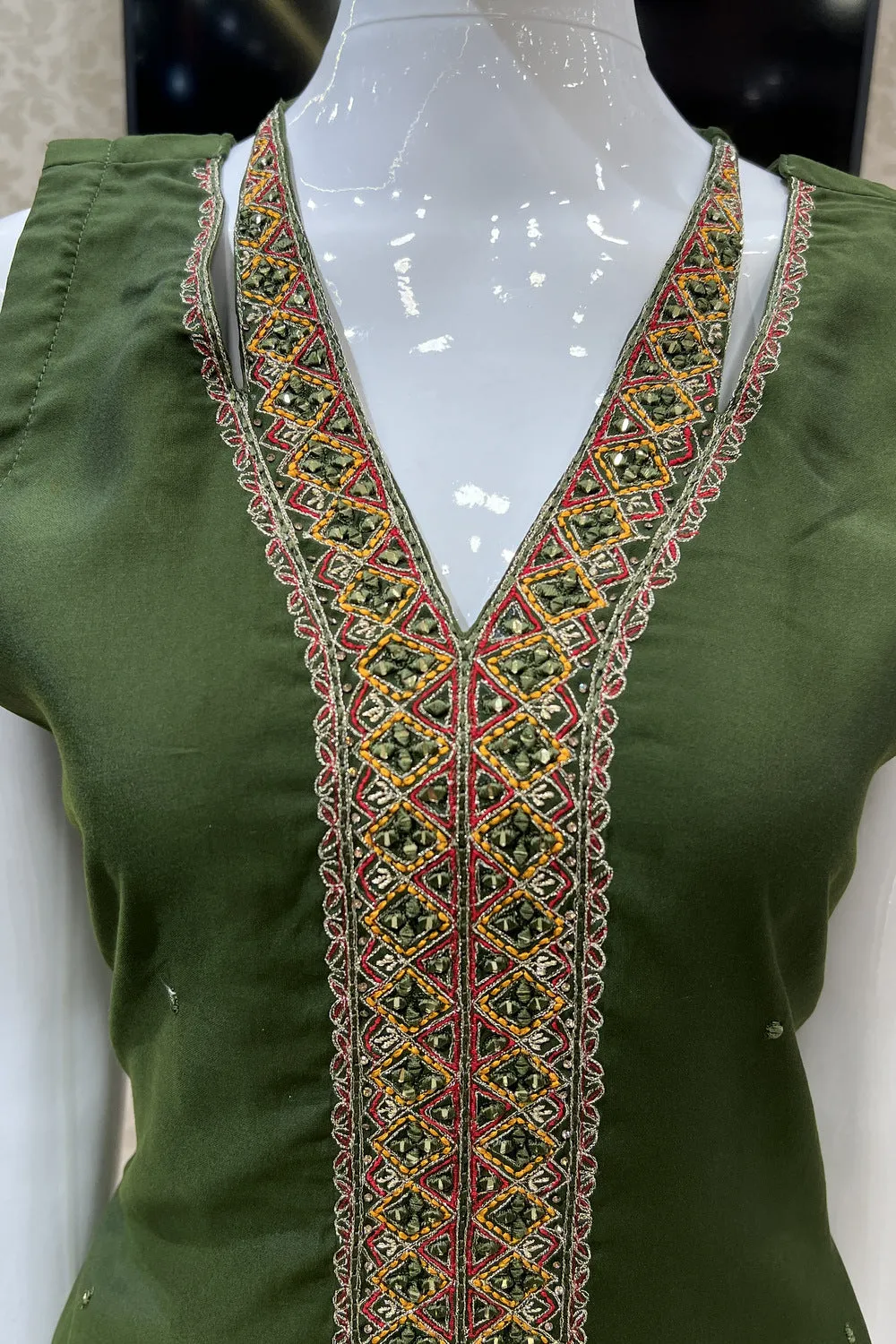 Bottle Green Thread, Zari, Mirror and Stone work Straight Cut Salwar Suit