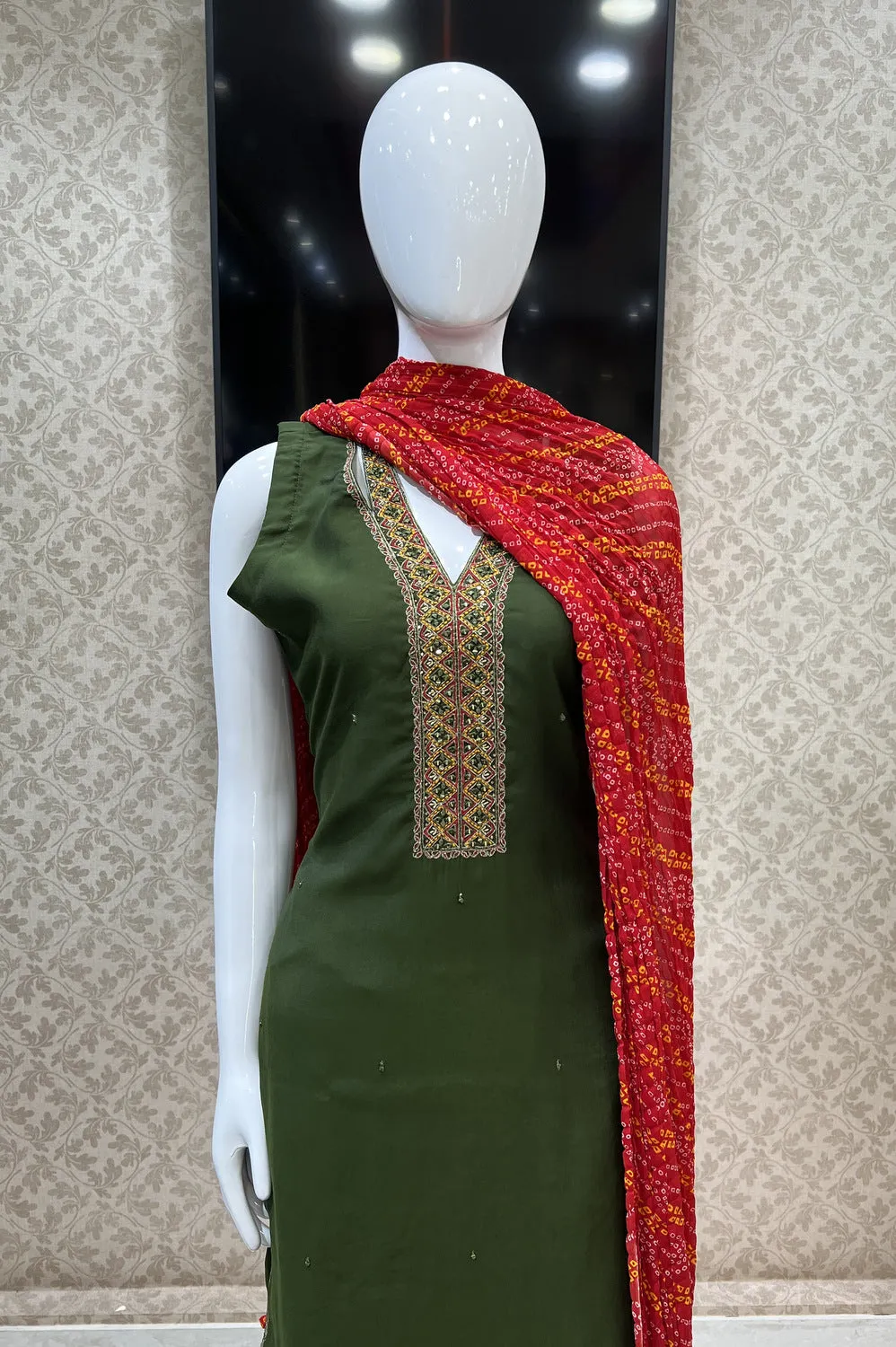 Bottle Green Thread, Zari, Mirror and Stone work Straight Cut Salwar Suit