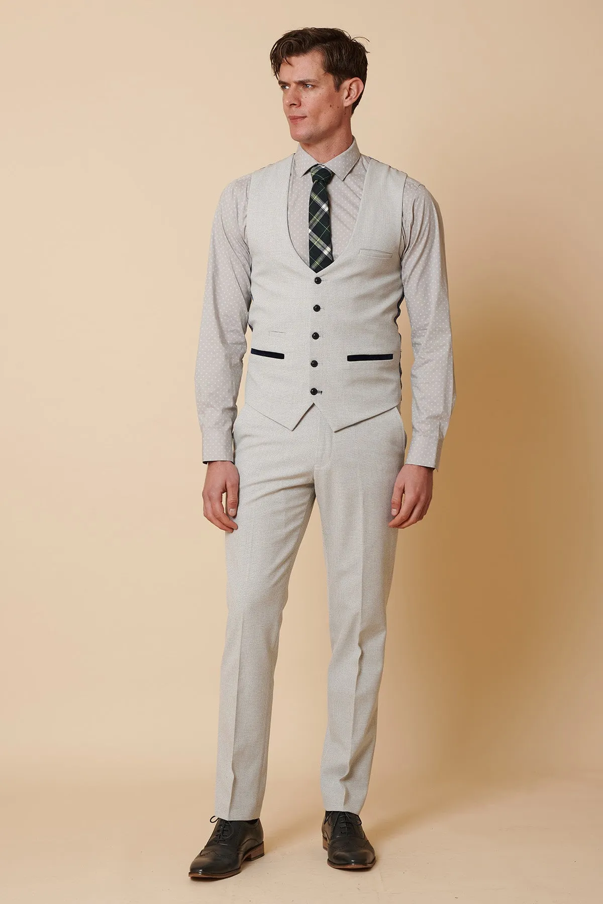 BROMLEY - Stone Check Three Piece Suit