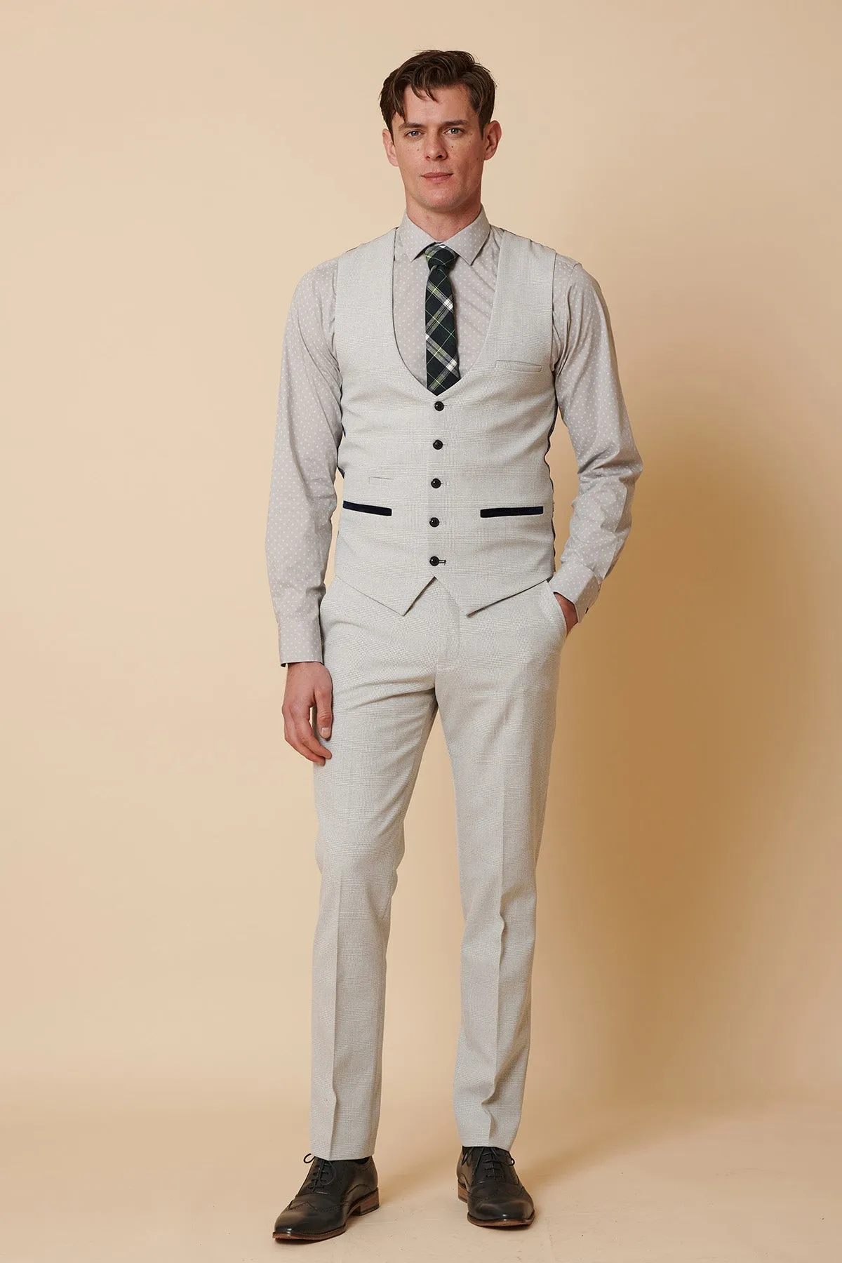 BROMLEY - Stone Check Three Piece Suit