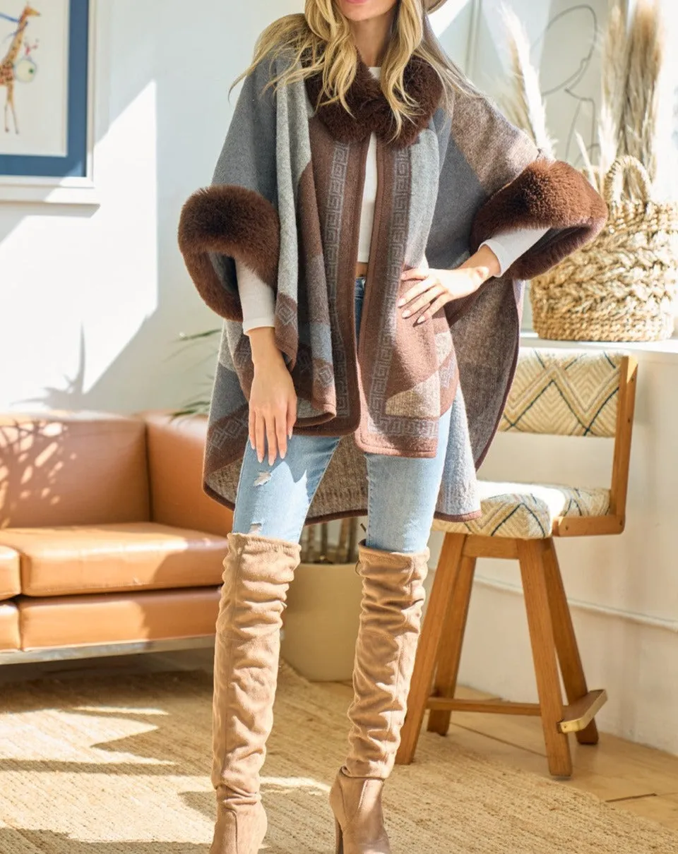 Brown Taupe & Grey Vertical Stripe Faux Fur Trim Cape Poncho