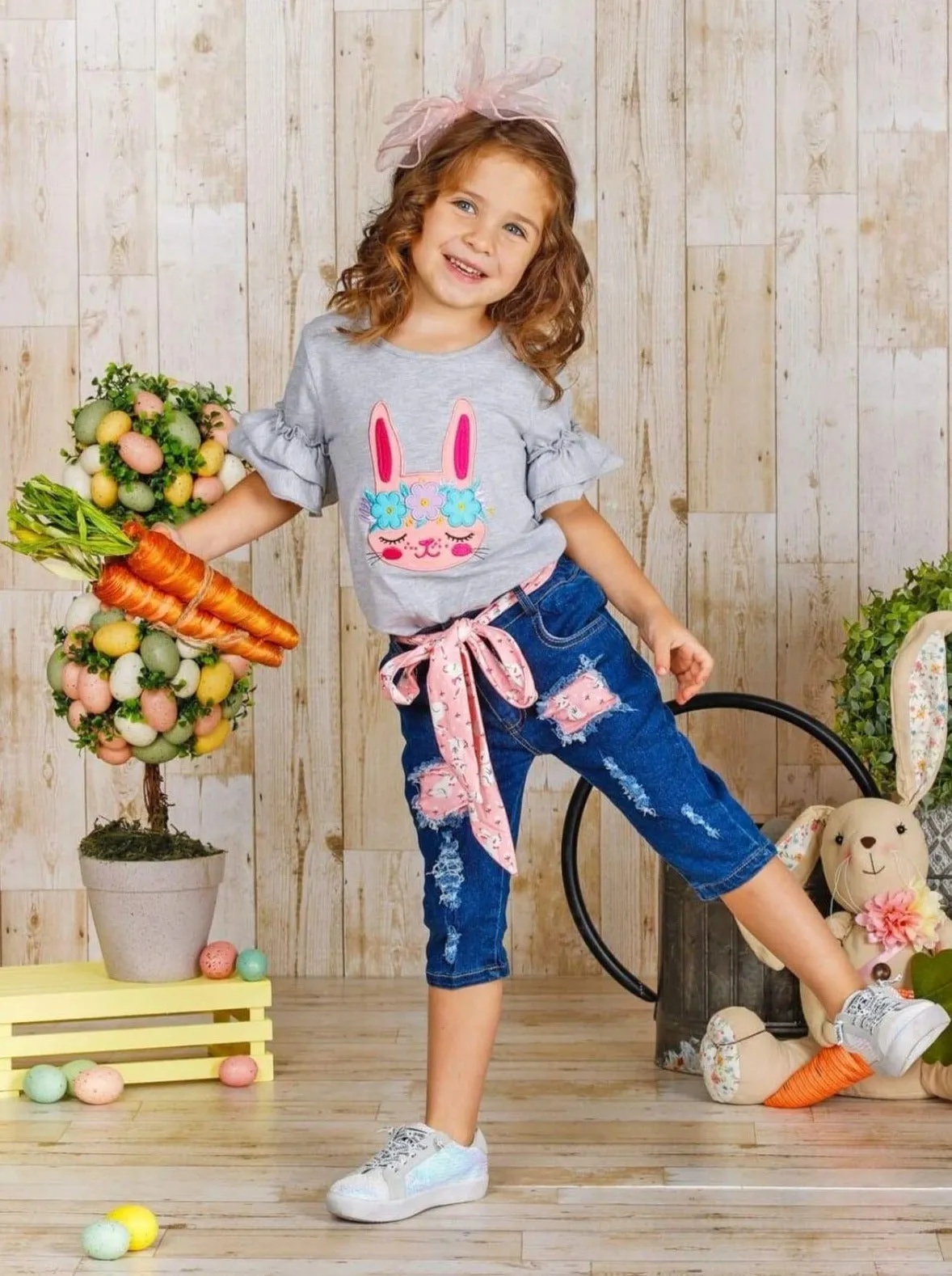 Bunny Beauties Patched Denim Capris Set