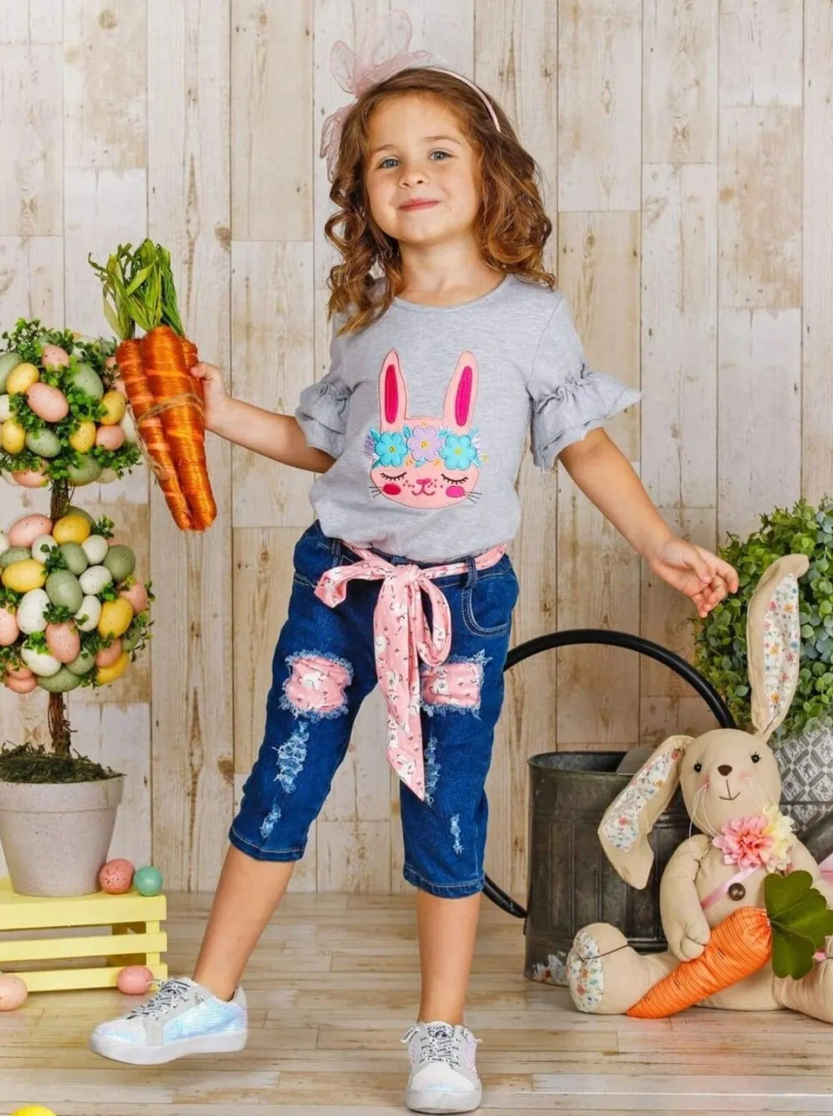 Bunny Beauties Patched Denim Capris Set