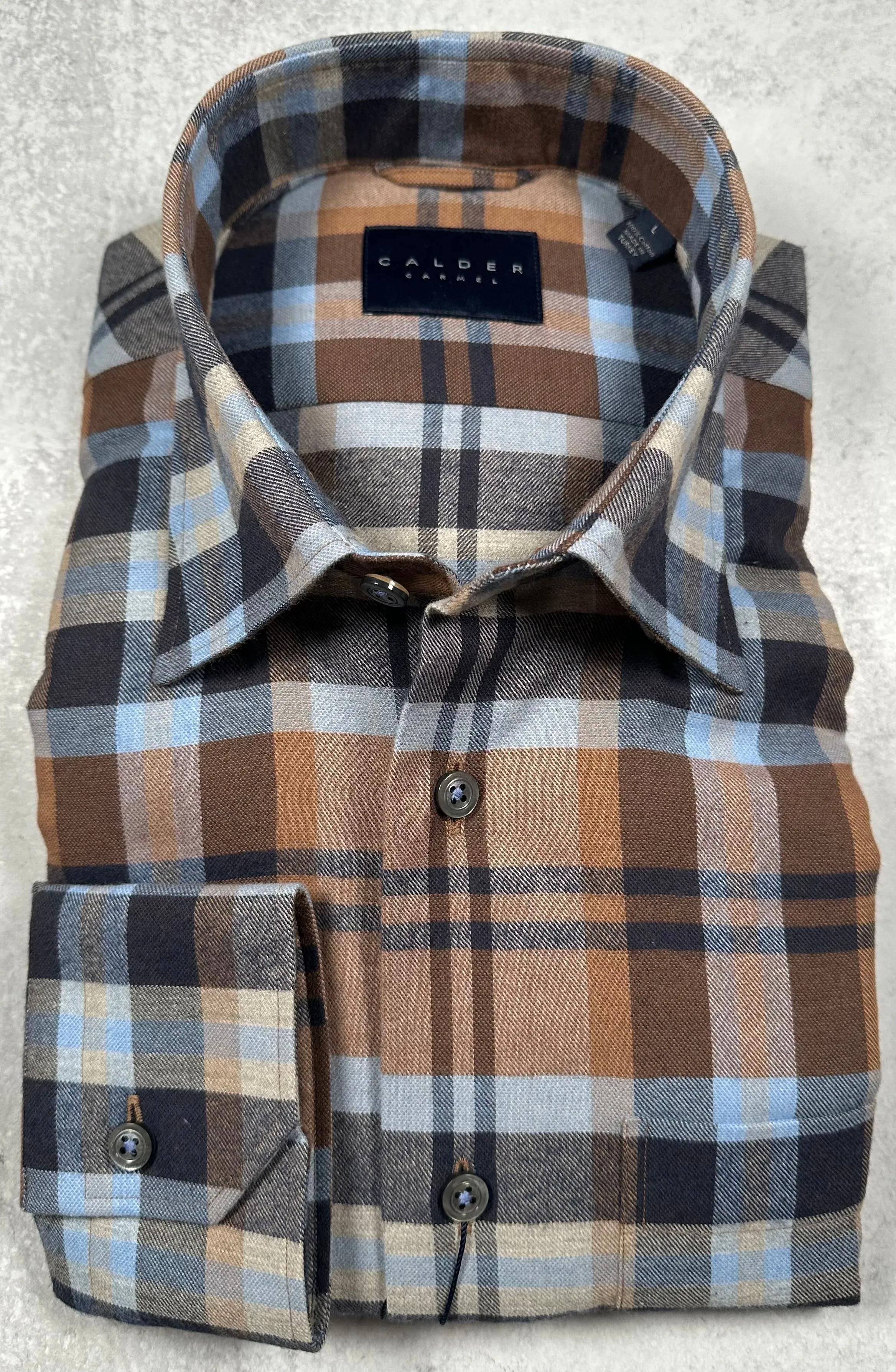 Calder Carmel Melange Brushed Twill Exploded Blanket Plaid Sport Shirt in Navy Blue