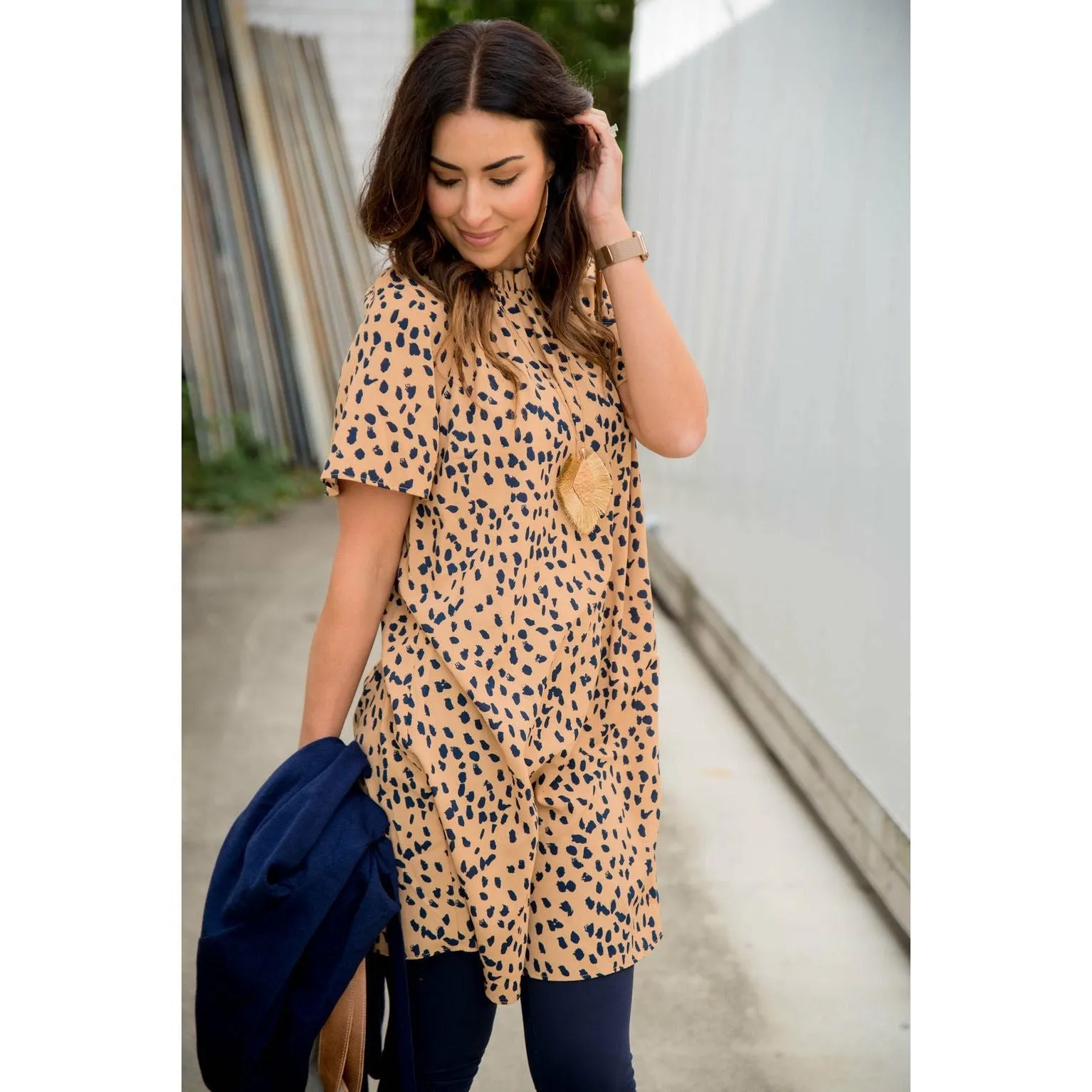 Cheetah Cinched Neck Tunic Dress