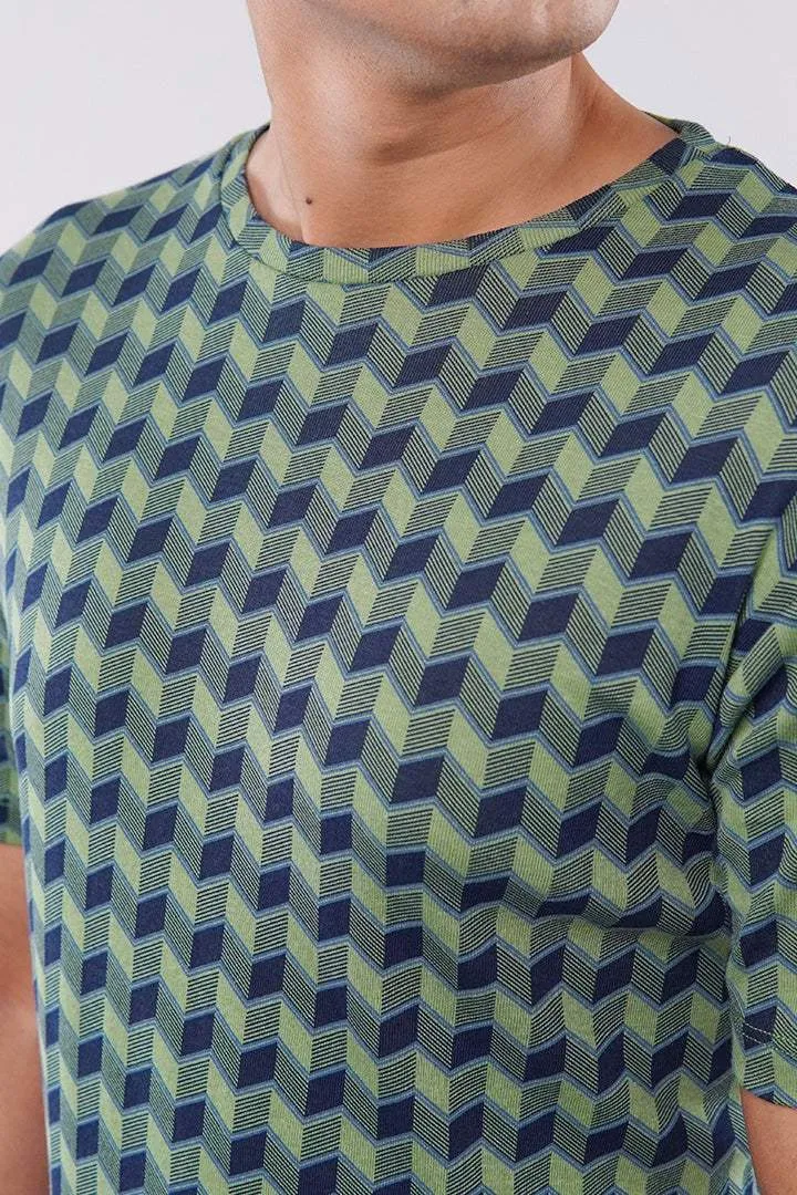 Chevron Curved Hem T-Shirt - Green & Black