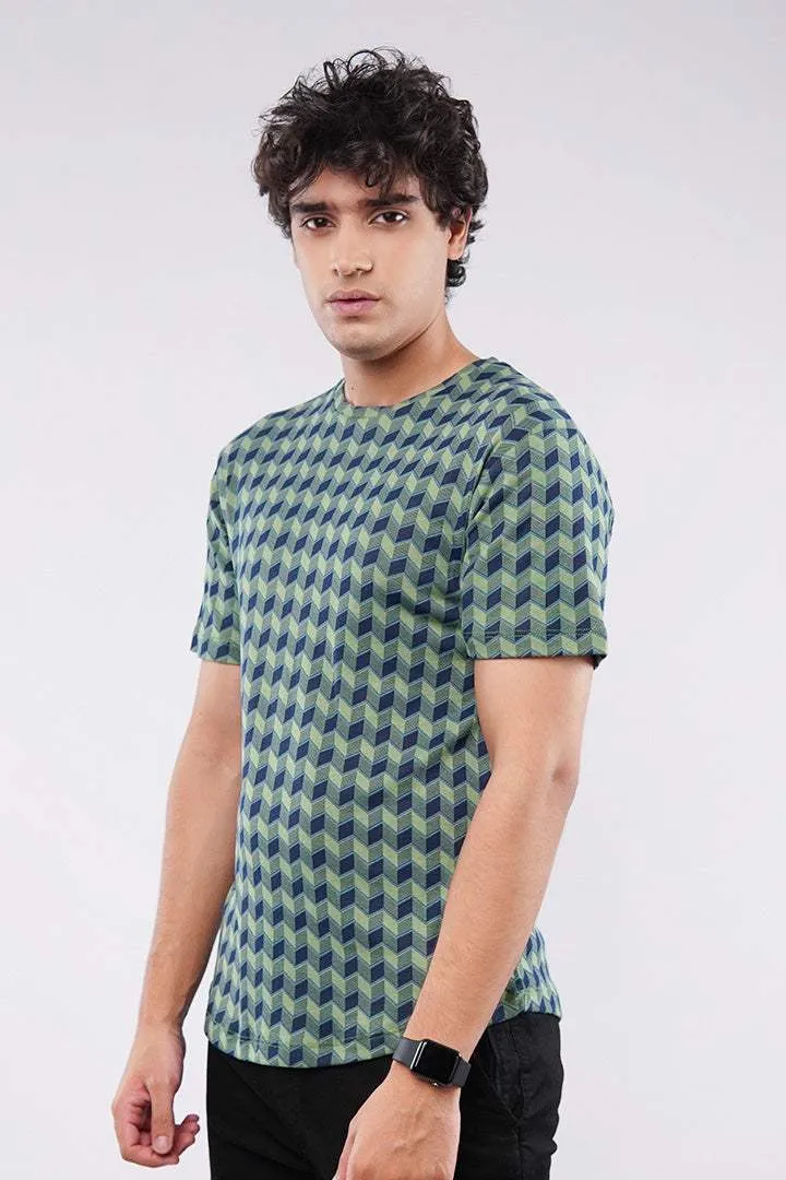 Chevron Curved Hem T-Shirt - Green & Black