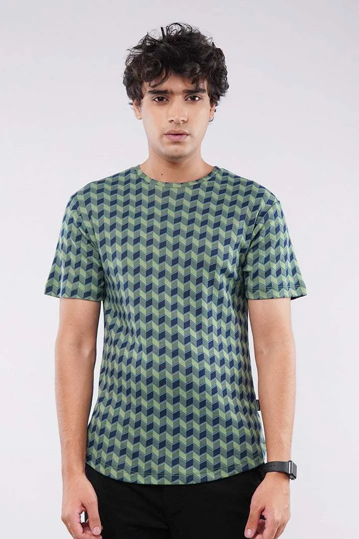 Chevron Curved Hem T-Shirt - Green & Black