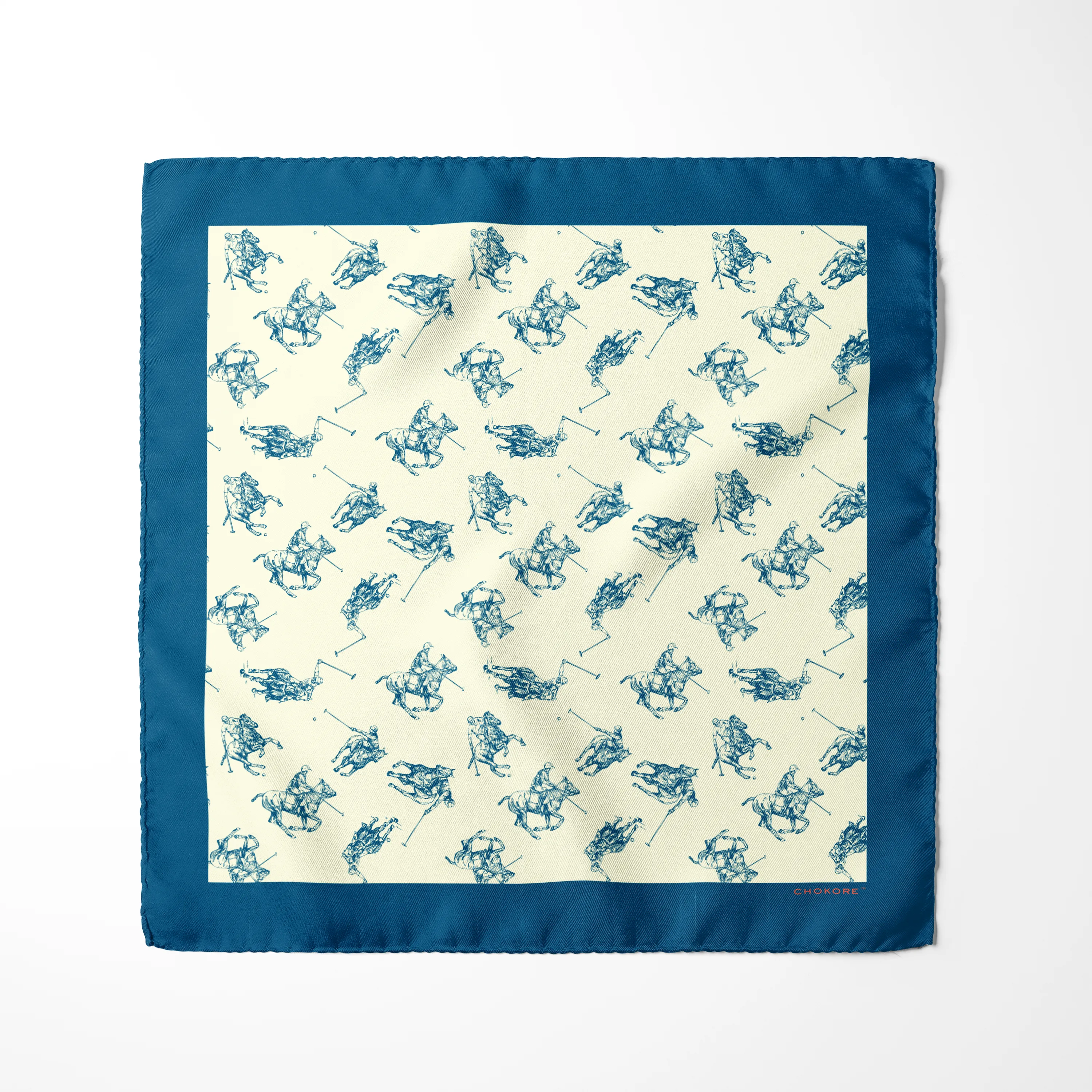 Chokore Blue & Off White Polo Print Silk Pocket Square - Sporty Silks Range