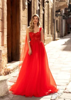 Classy Long Evening Dress in Red with Cape