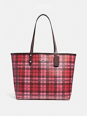 Coach Women's Reversible City Tote With Shadow Plaid Print Oxblood Red Multi F22249