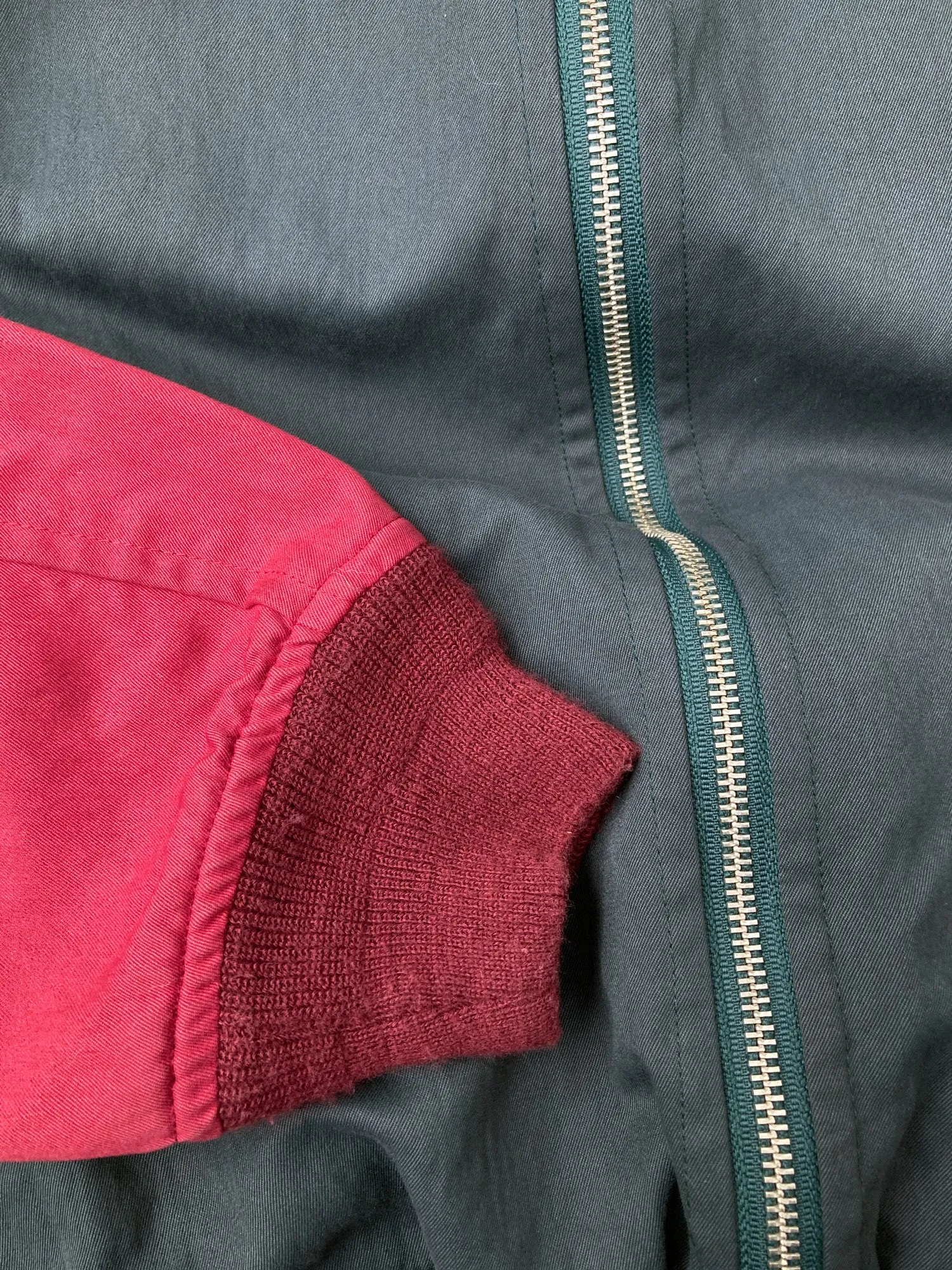 Vintage 1980s Mens Green Bomber Jacket with Wine Red Sleeves - Size S/M