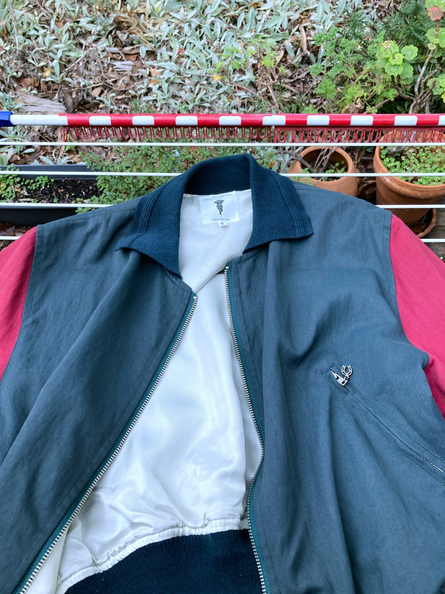 Vintage 1980s Mens Green Bomber Jacket with Wine Red Sleeves - Size S/M