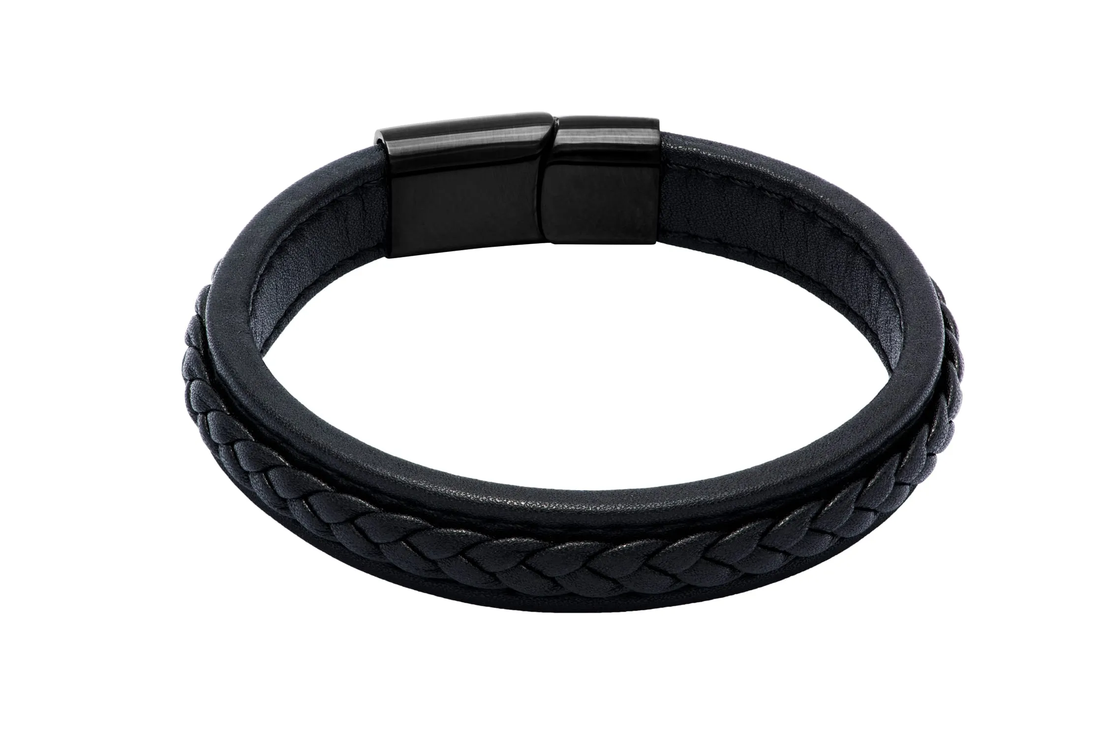 Costa Mesa Black Leather Stainless Steel Bracelet